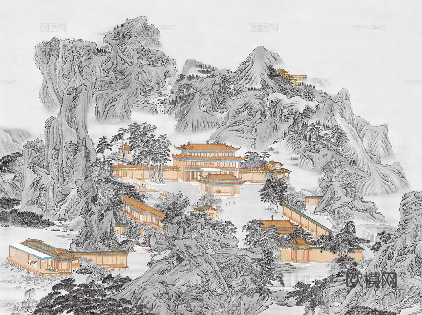 中式新中式山水楼阁意境壁纸壁画 装饰画