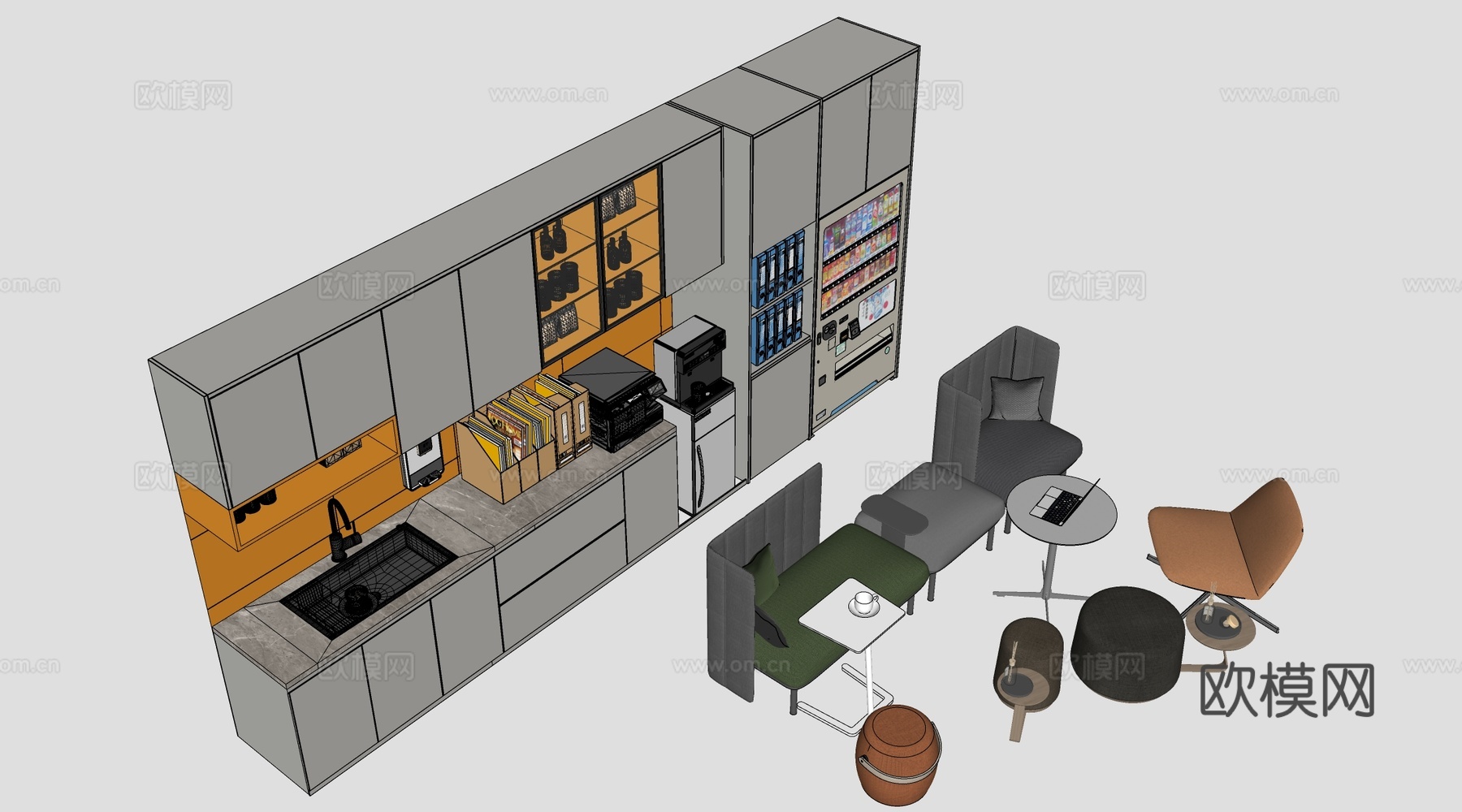现代水吧台 茶水间操作台 吧台柜 公司茶水台su模型
