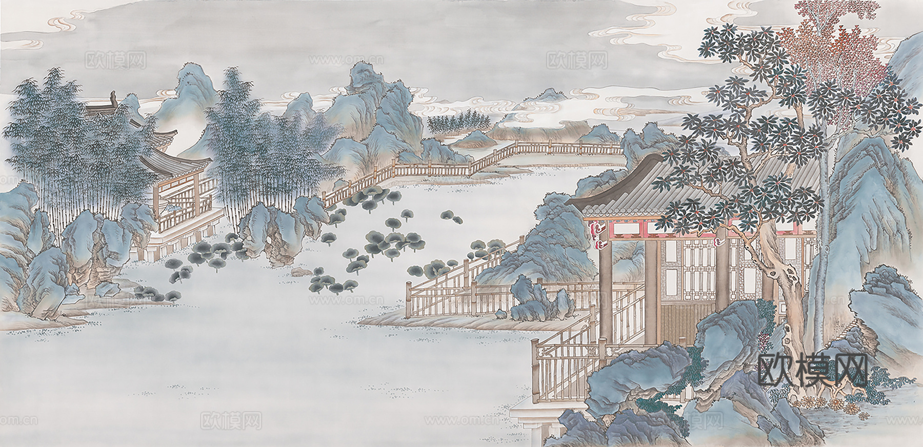 中式新中式山水楼阁意境壁纸壁画 装饰画