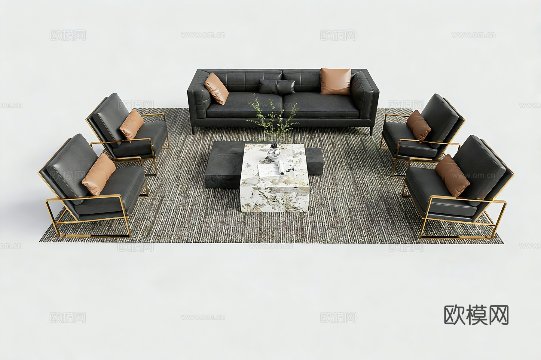 现代简约皮革沙发茶几组合 客厅家具 白色大理石茶几 黑色脚凳su模型