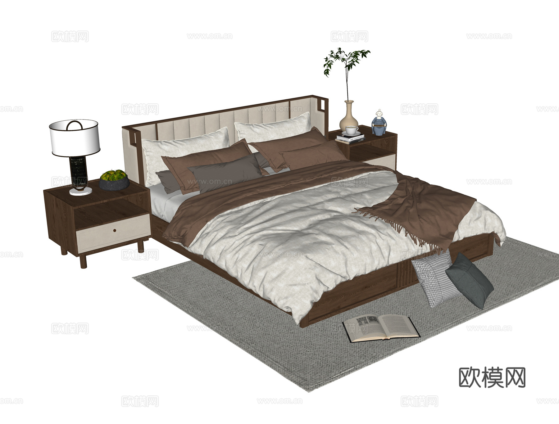现代双人床 床头柜su模型