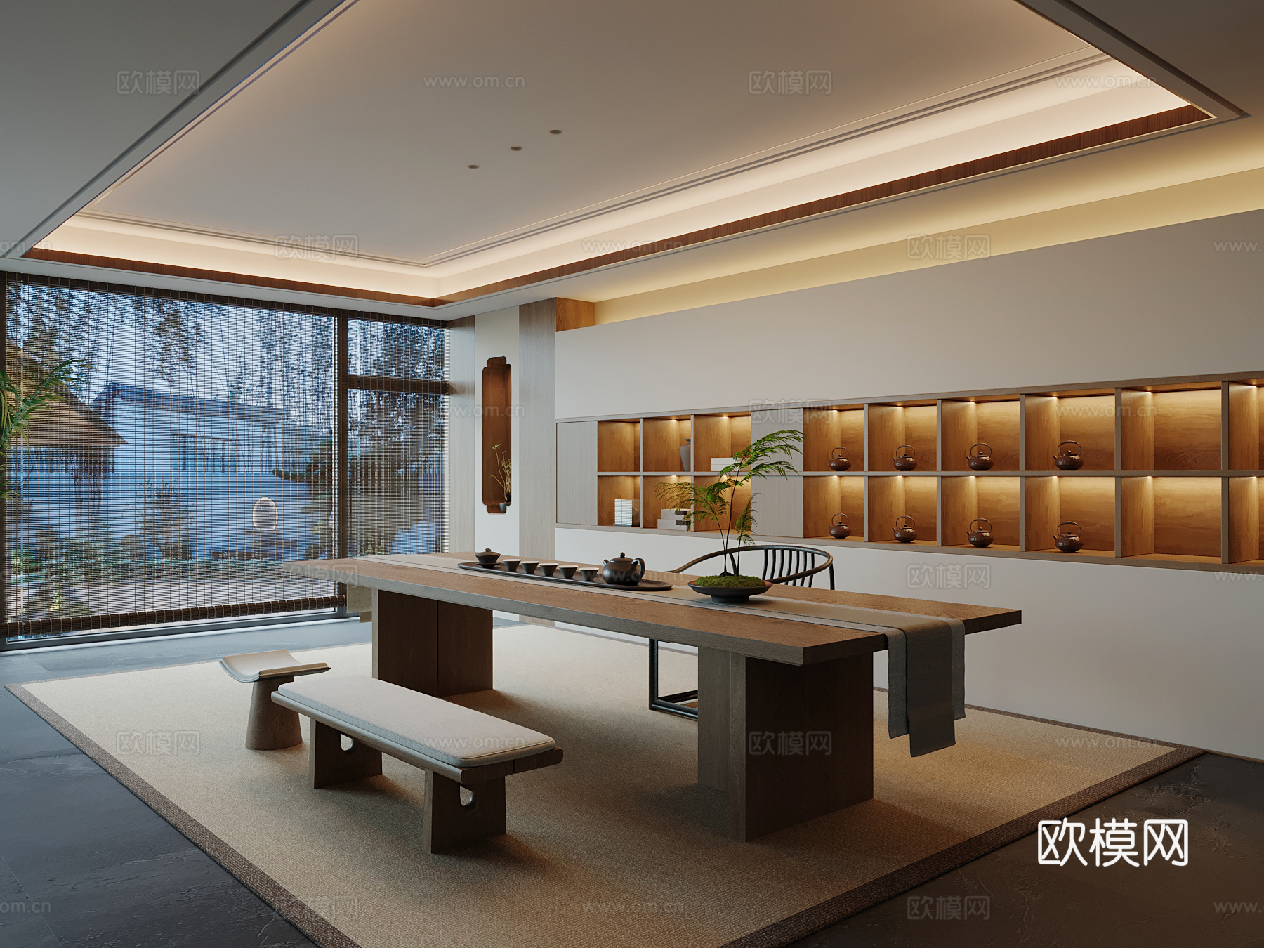 新中式茶室 茶桌椅 茶台su模型