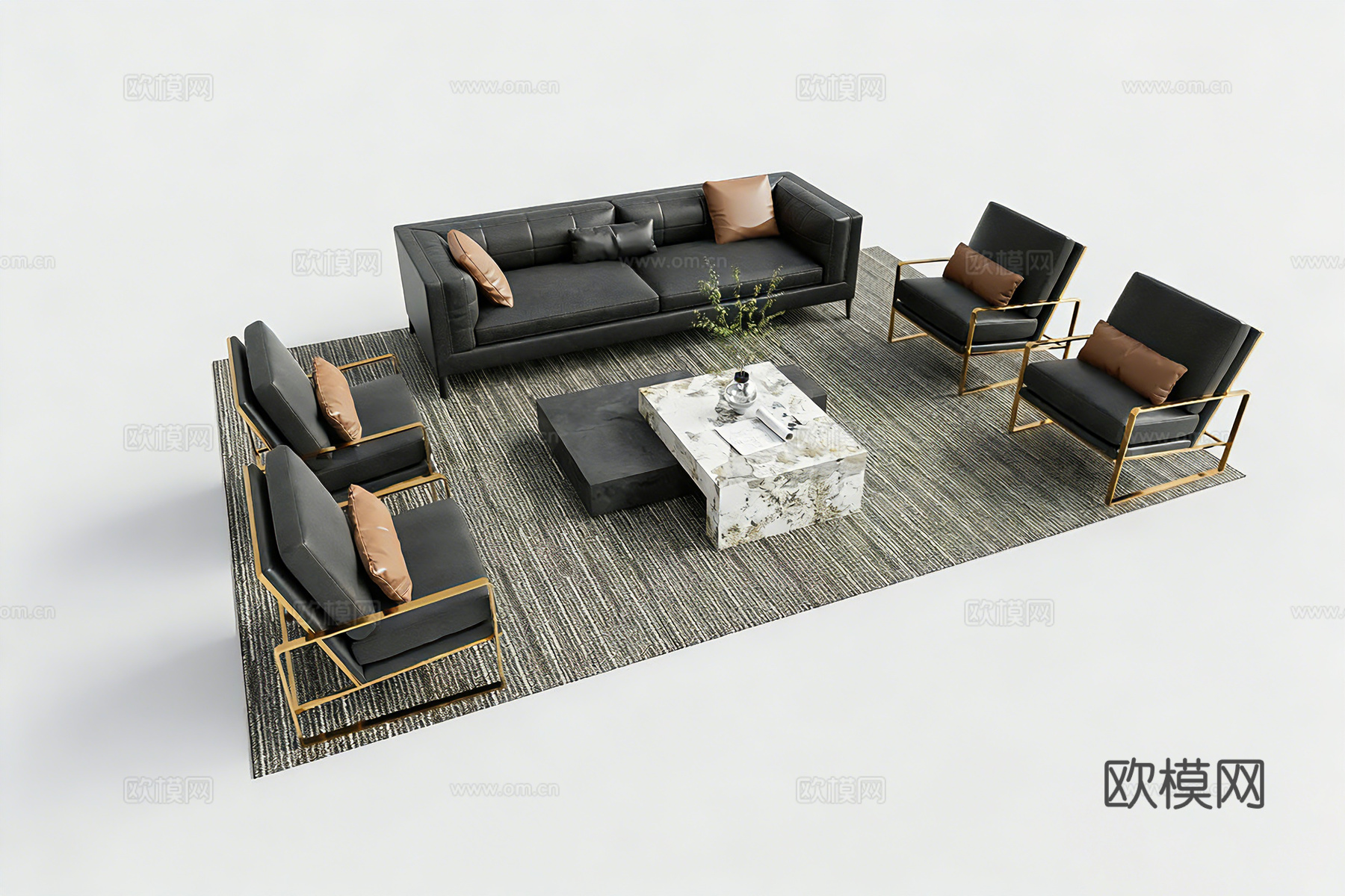 现代简约皮革沙发茶几组合 客厅家具 白色大理石茶几 黑色脚凳su模型