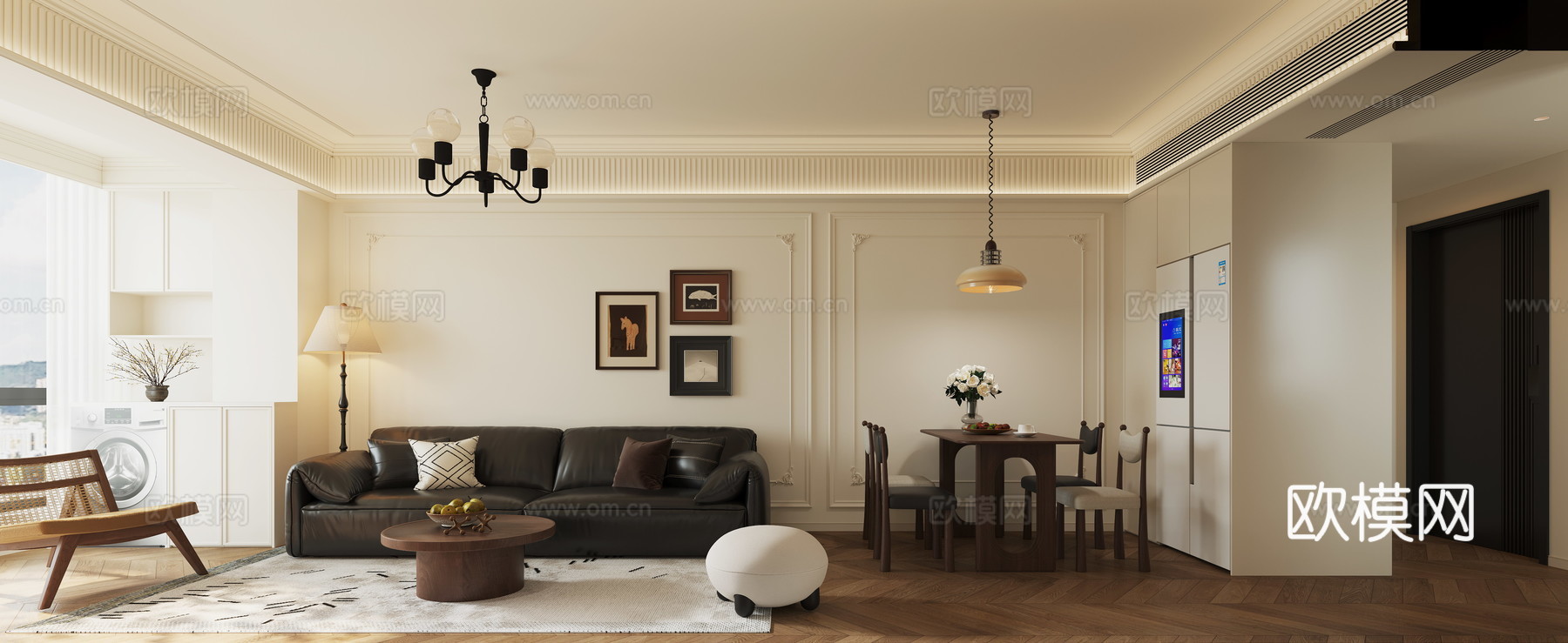 中古 奶油 法式  客餐厅3d模型下载（渲染图2）