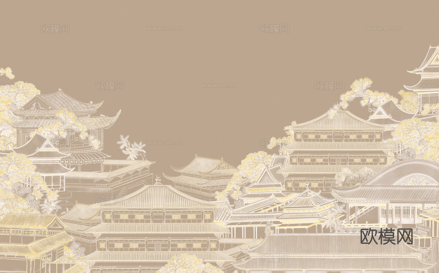 中式新中式山水楼阁意境壁纸壁画 装饰画