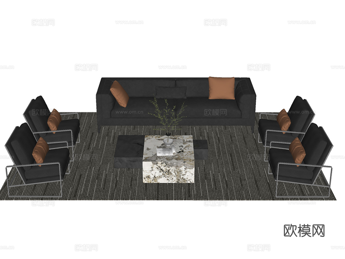 现代简约皮革沙发茶几组合 客厅家具 白色大理石茶几 黑色脚凳su模型