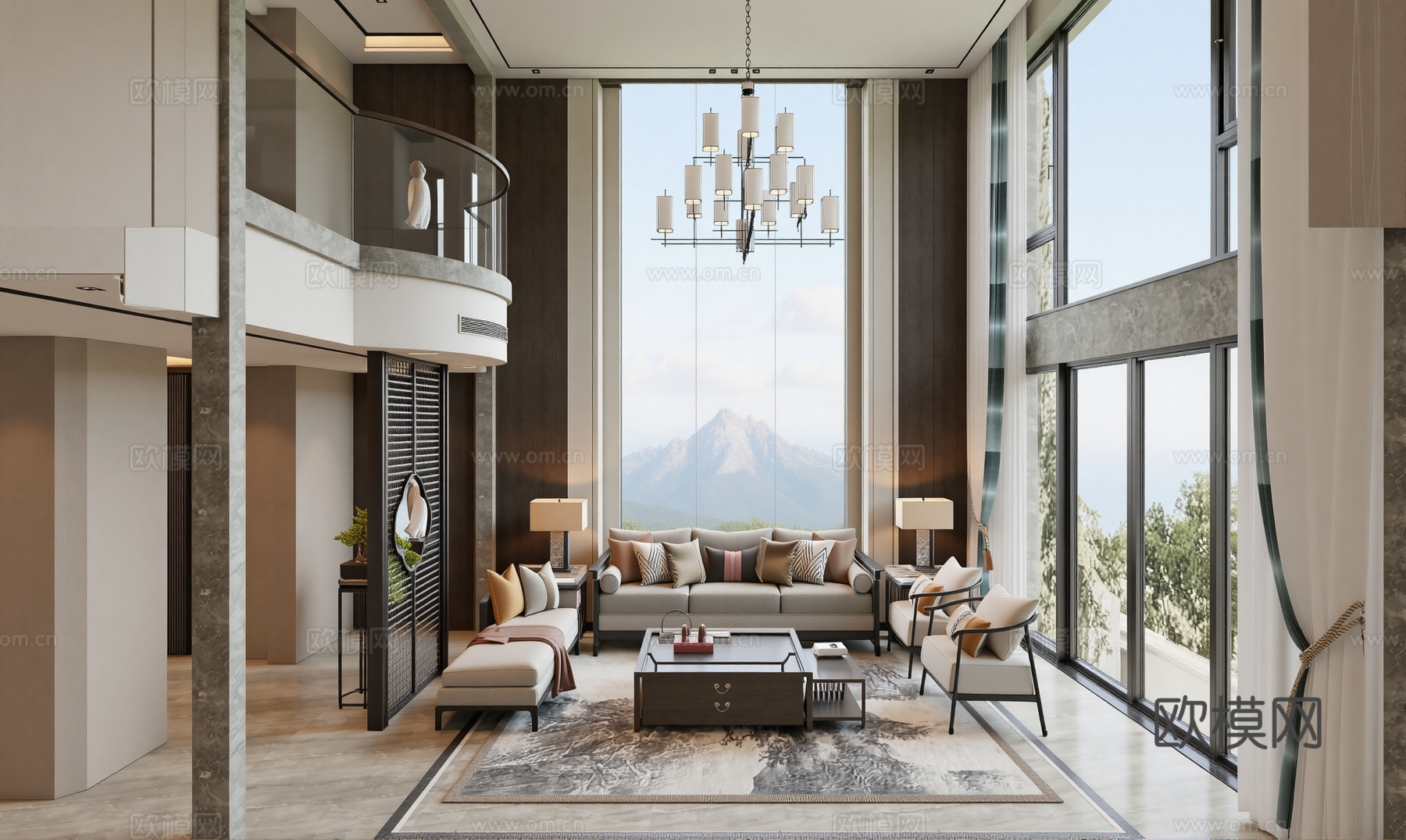 新中式别墅客厅su模型