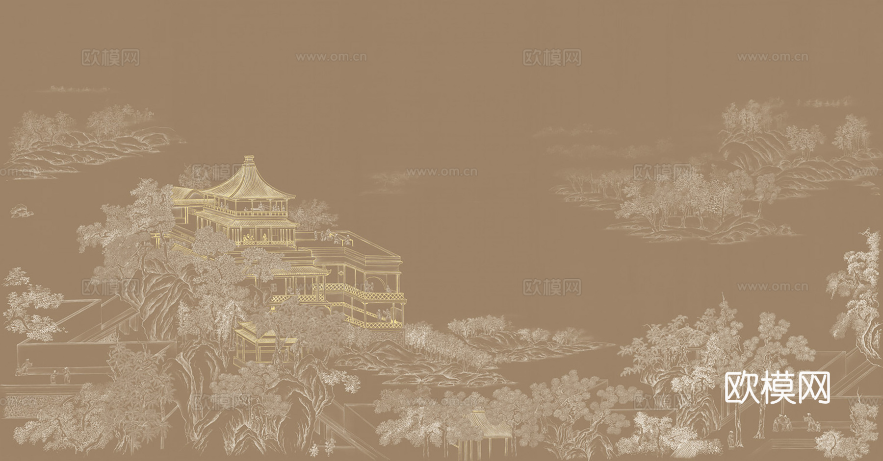 中式新中式山水楼阁意境壁纸壁画 装饰画