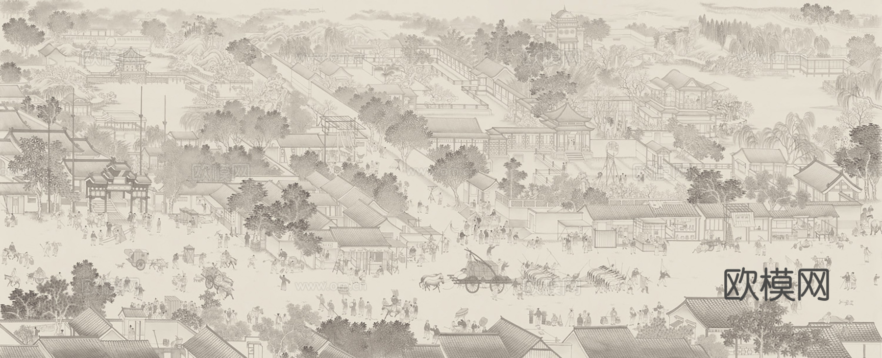 中式新中式山水楼阁意境壁纸壁画 装饰画