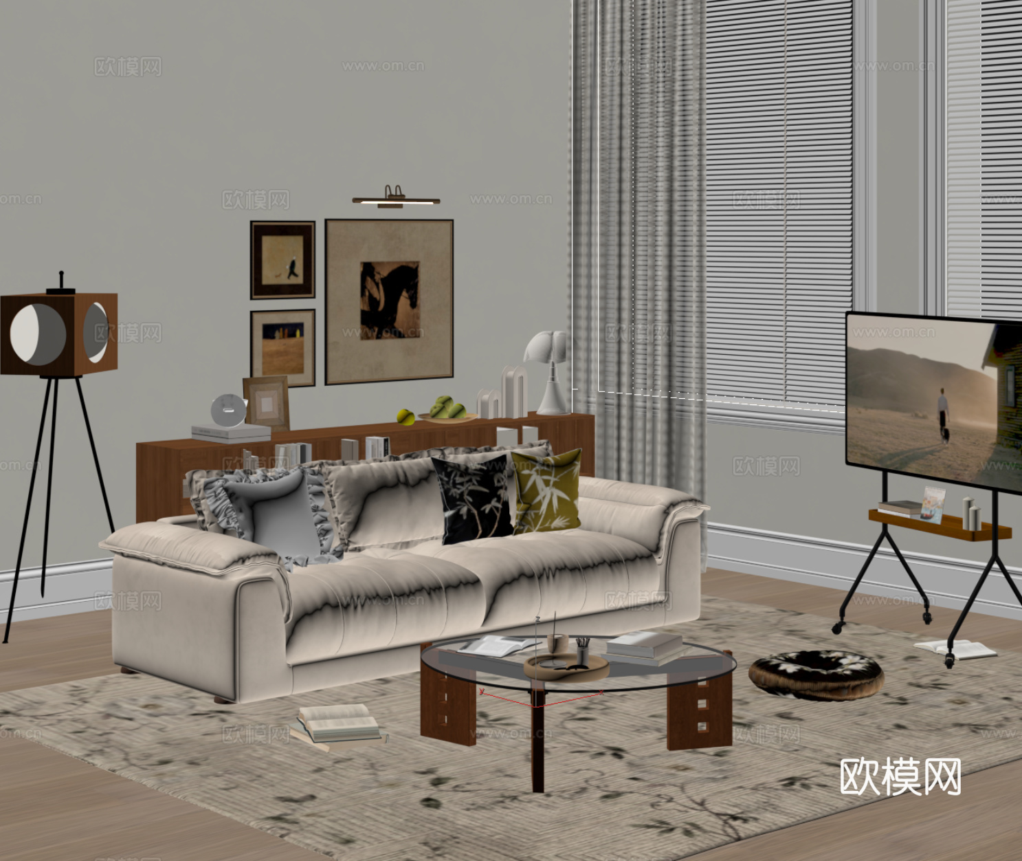 中古风沙发 茶几 休闲椅 落地灯 支架电视su模型