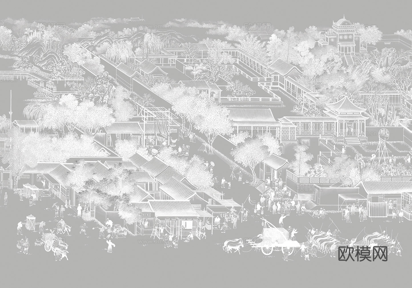 中式新中式山水楼阁意境壁纸壁画 装饰画