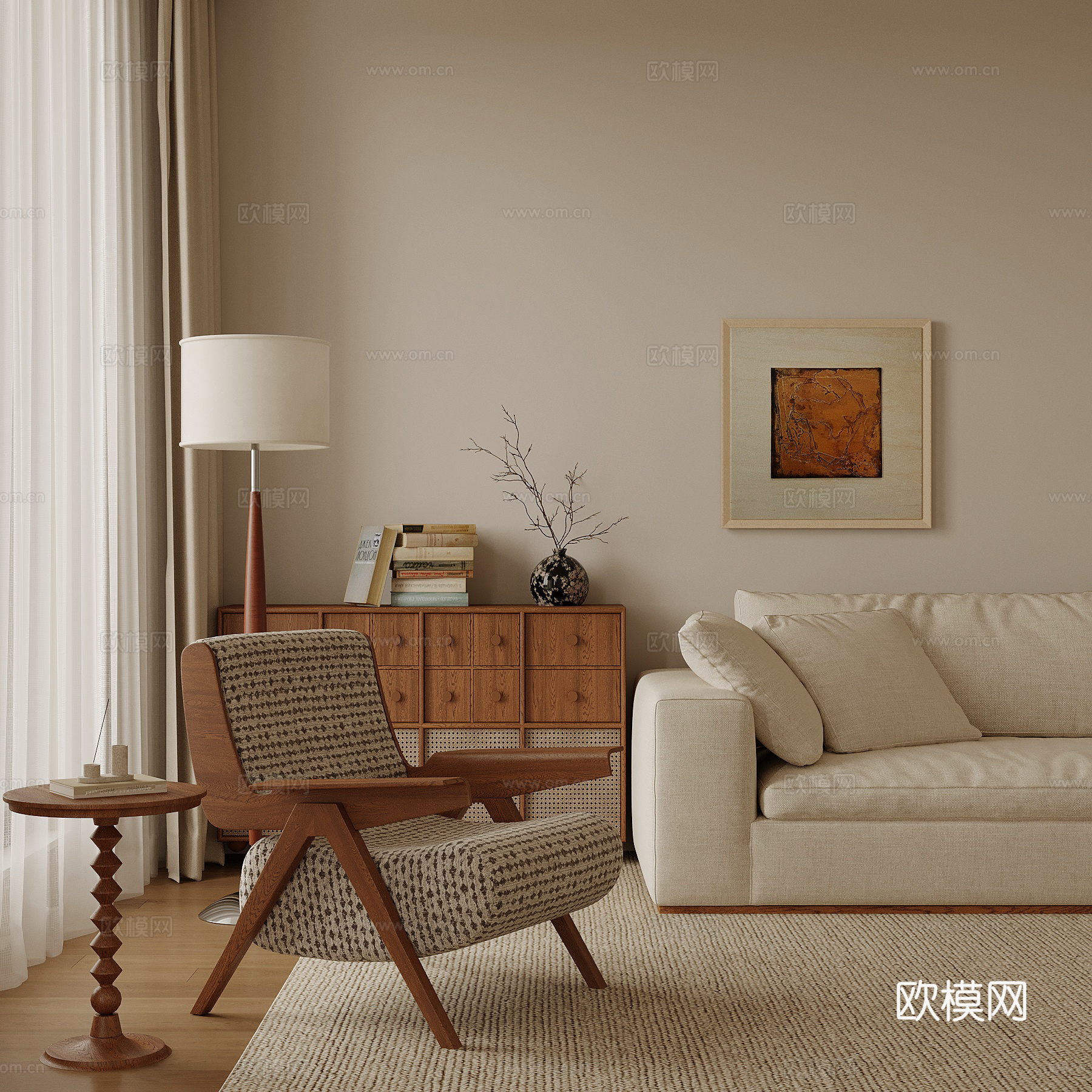 中古风休闲椅 斗柜 落地灯 装饰画su模型