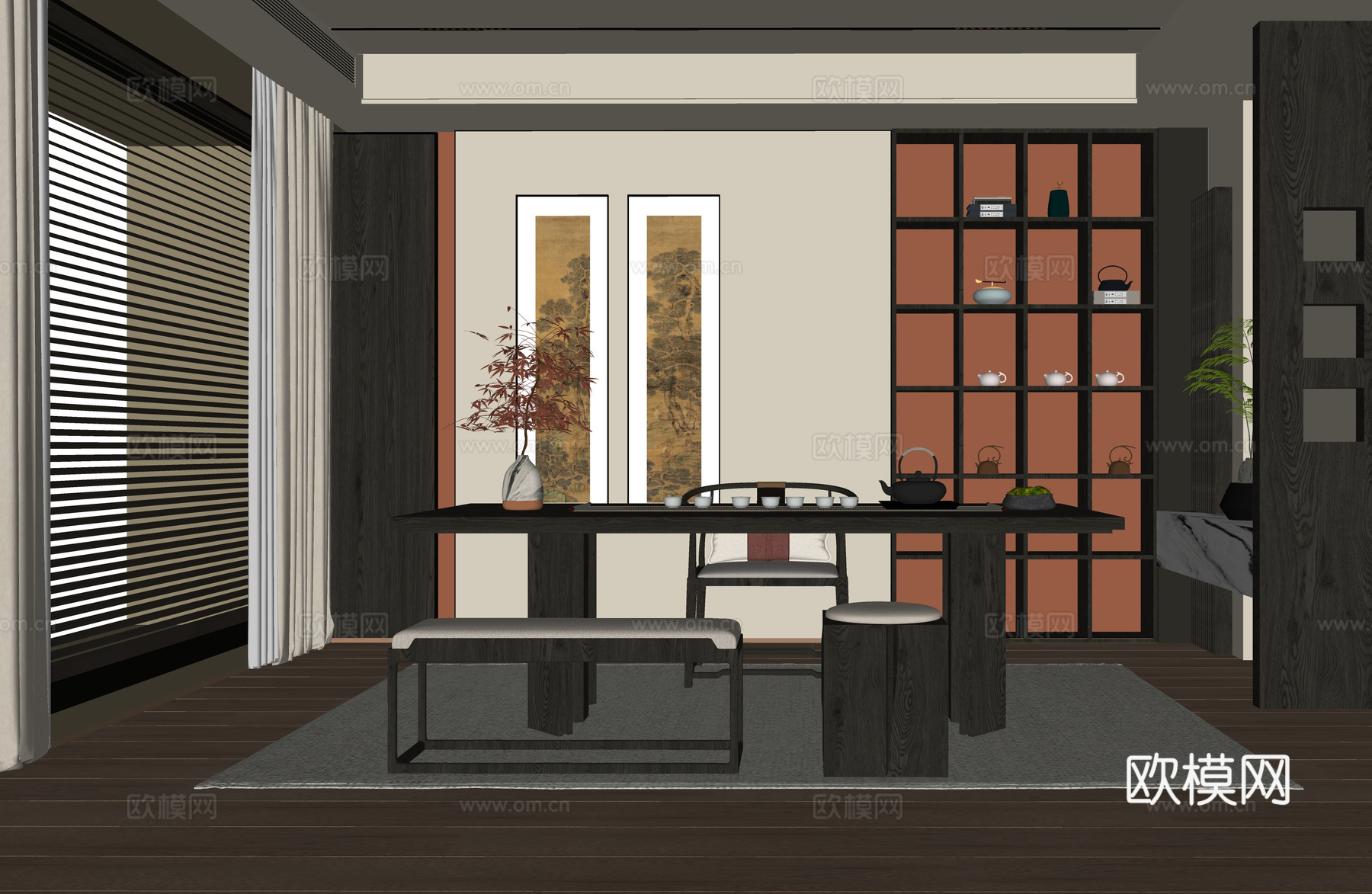 新中式茶室 书房 茶桌椅su模型