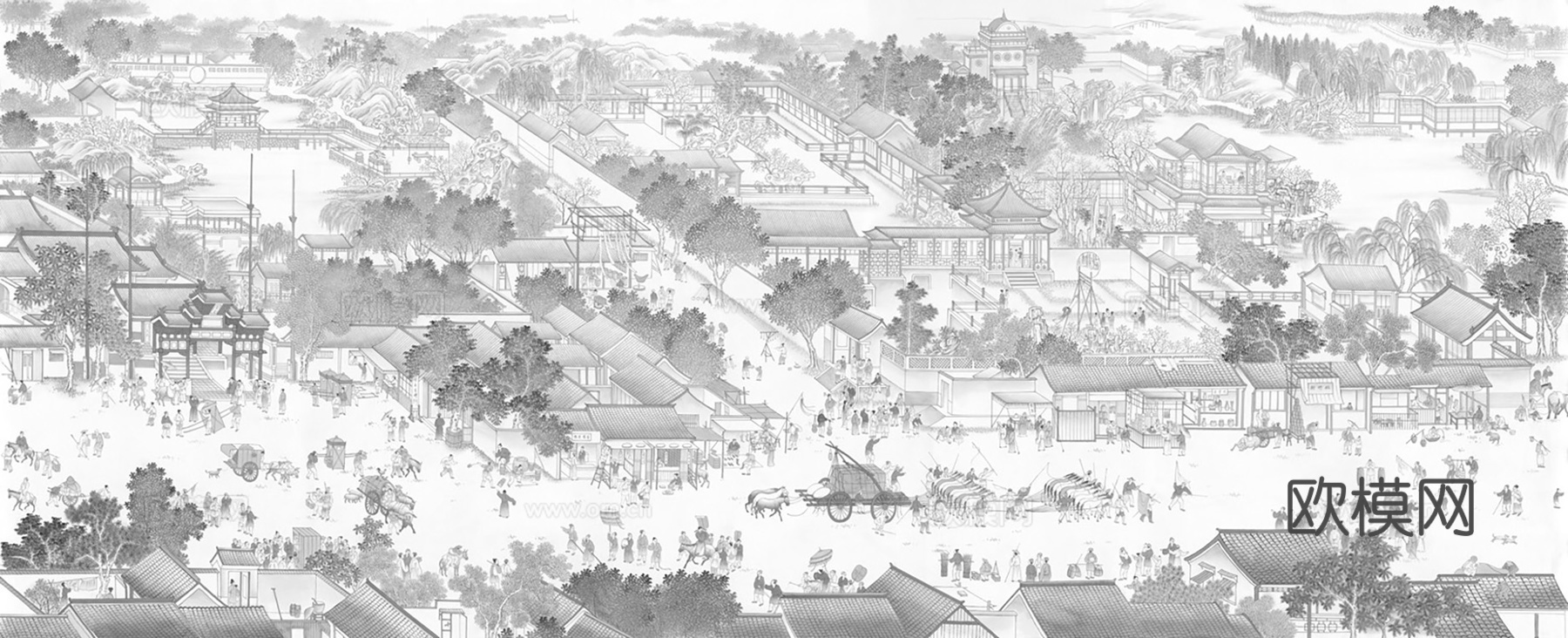 中式新中式山水楼阁意境壁纸壁画 装饰画