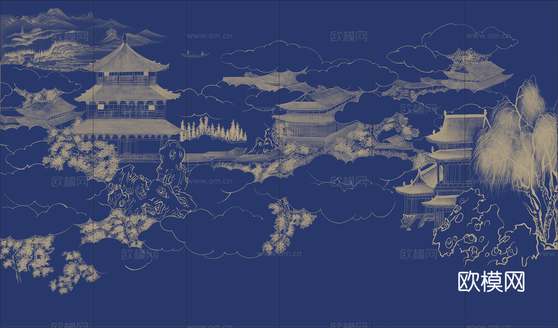 中式新中式山水楼阁意境壁纸壁画 装饰画