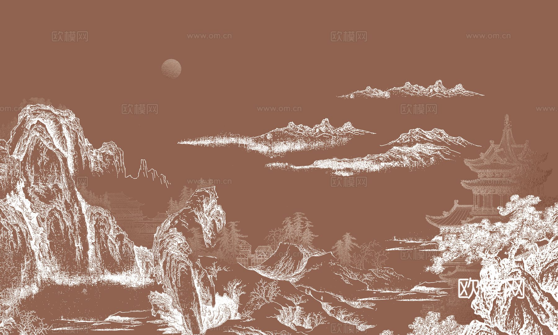 中式新中式山水楼阁意境壁纸壁画 装饰画