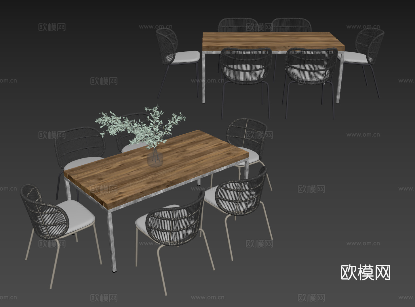 现代户外桌椅组合 户外餐桌 木纹餐桌 长桌 休闲桌椅su模型