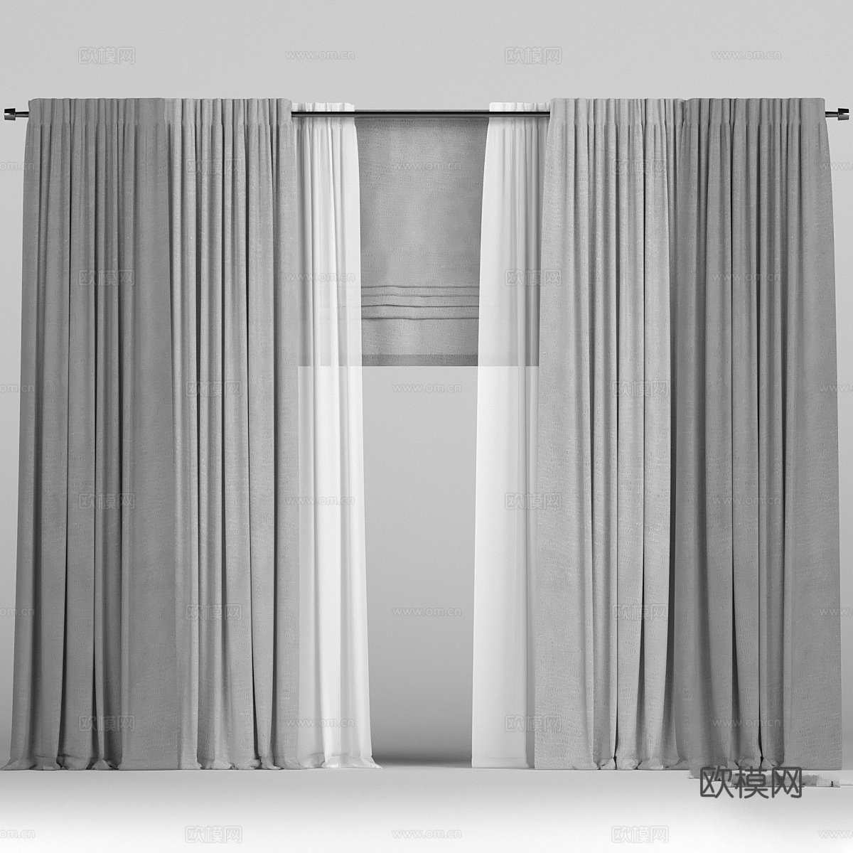 罗马帘与薄纱窗帘3d模型下载