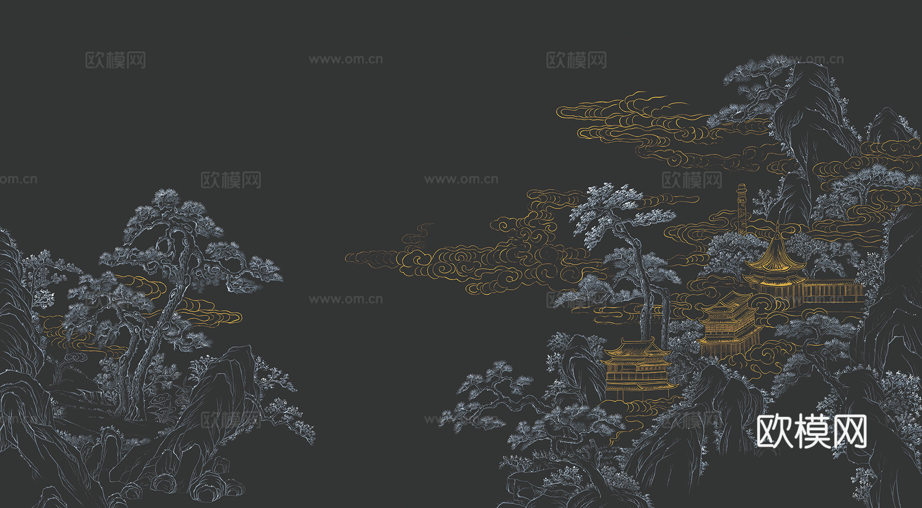 中式新中式山水楼阁意境壁纸壁画 装饰画