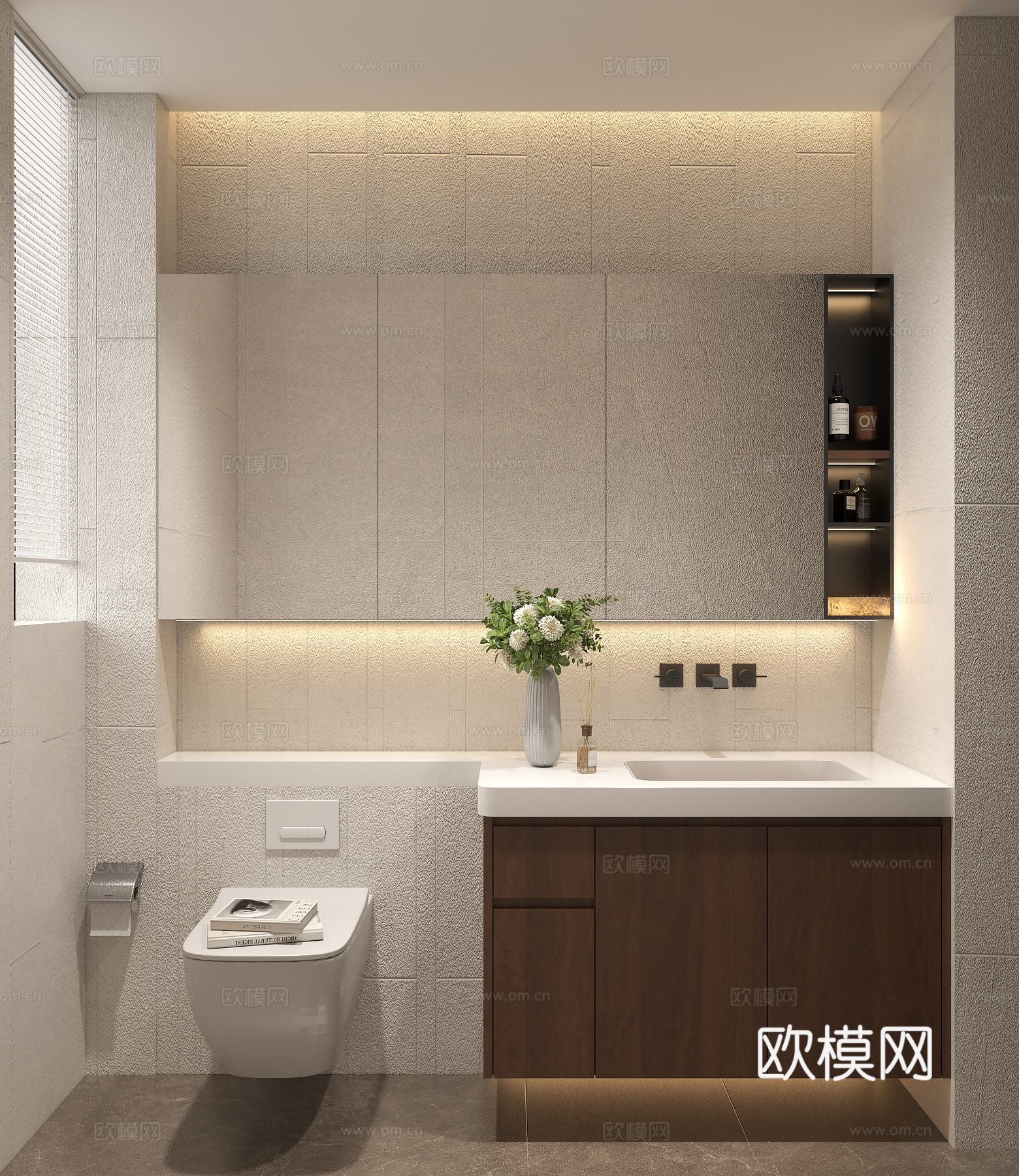 老钱风意式卫生间 新中式浴室柜 墙排壁挂式马桶 卫生间镜柜饰su模型