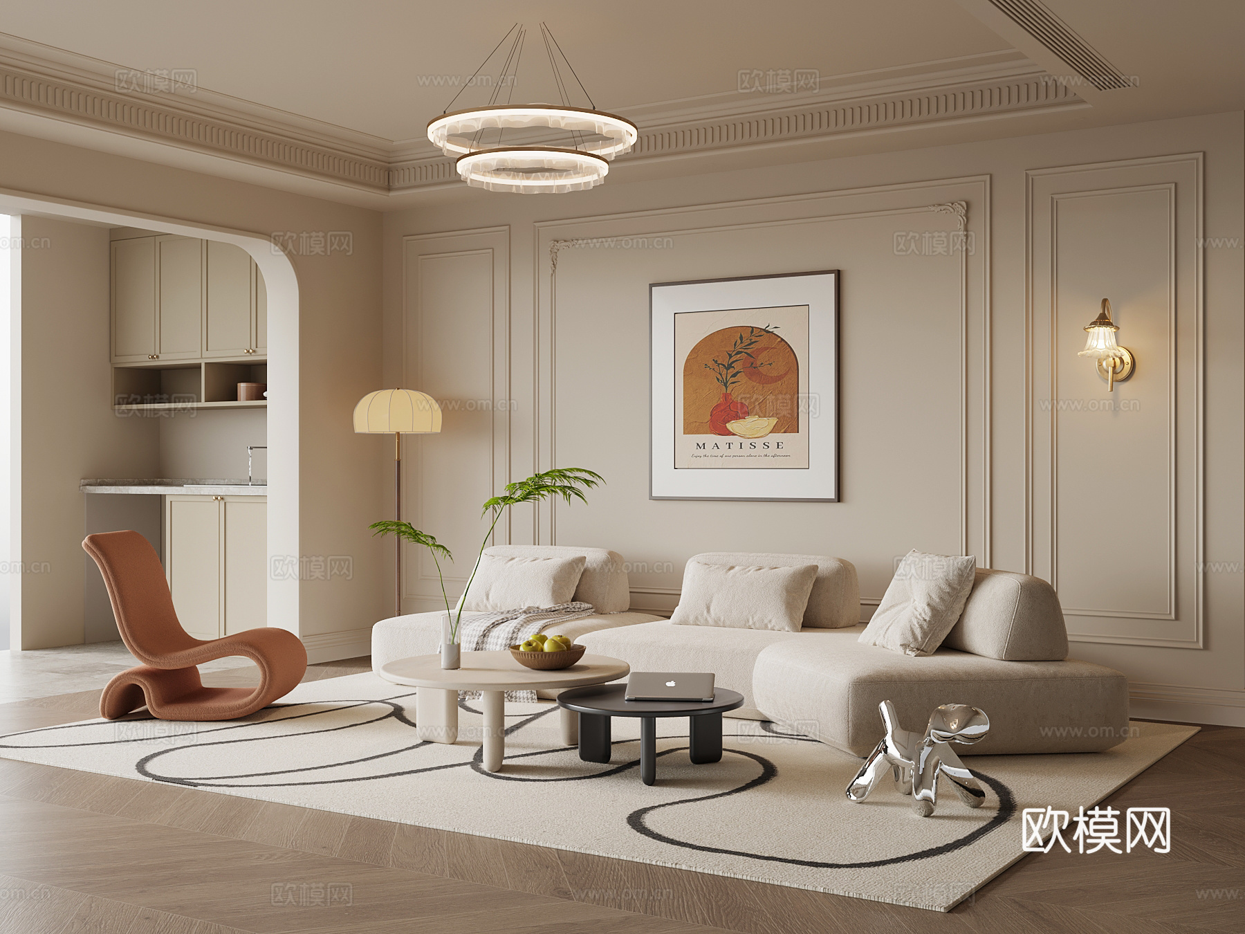 奶油风客厅3d模型下载