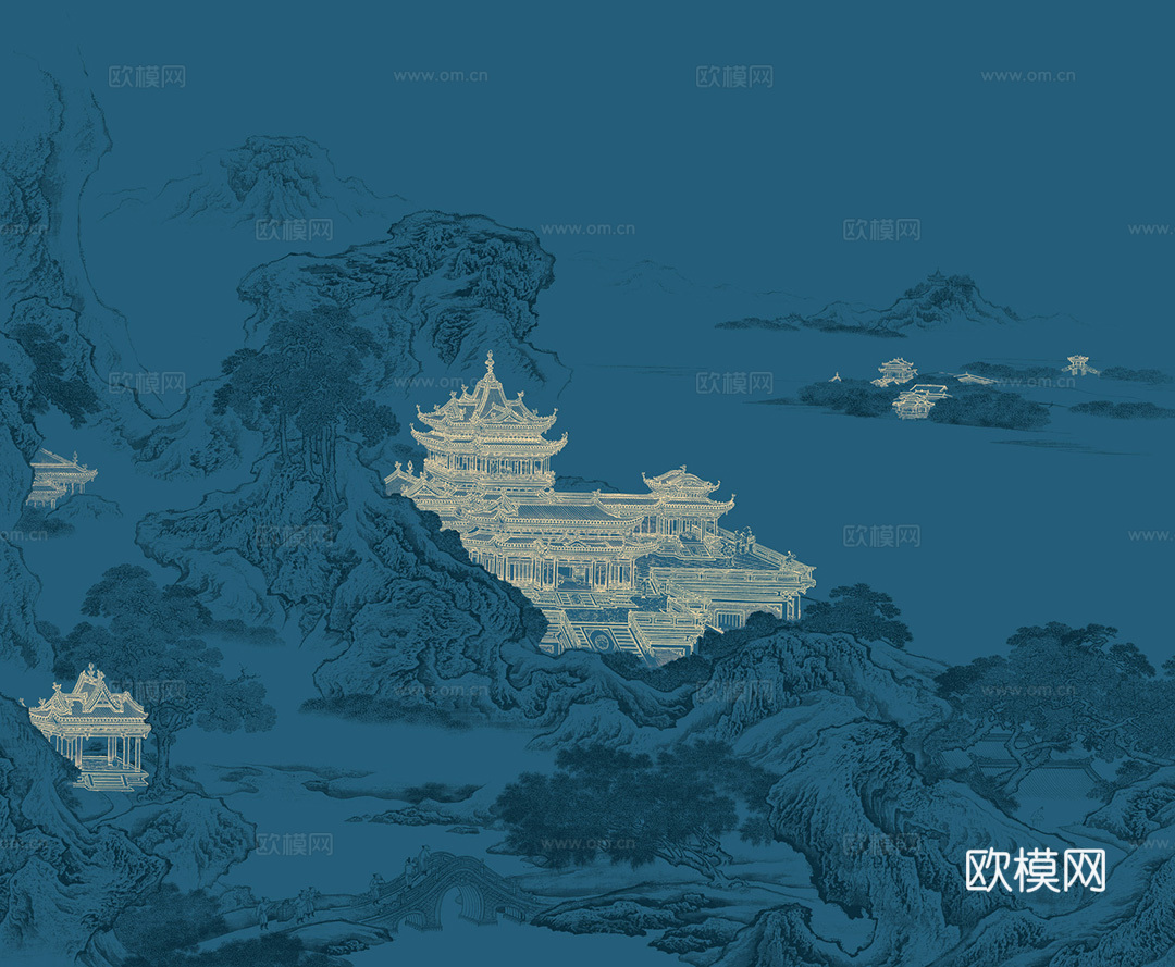 中式新中式山水楼阁意境壁纸壁画 装饰画