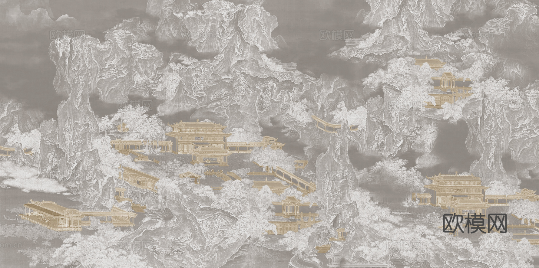 中式新中式山水楼阁意境壁纸壁画 装饰画