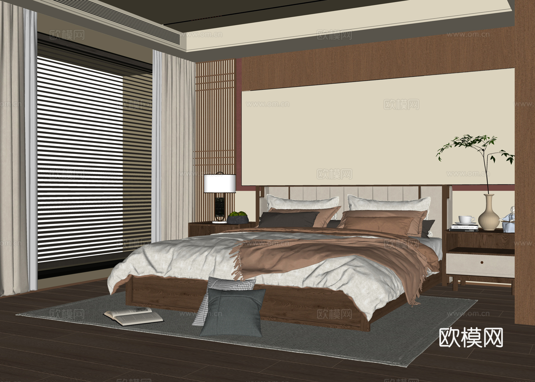 现代卧室 双人床 床头柜su模型