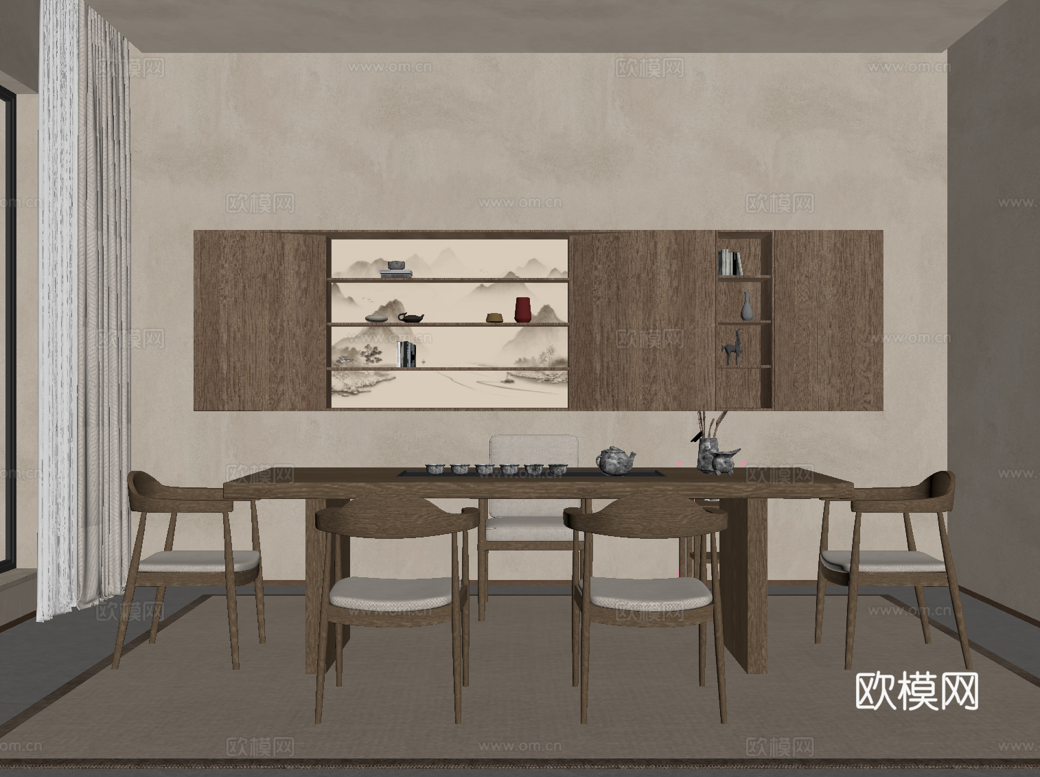 新中式茶室 茶台 茶桌椅 茶叶柜su模型