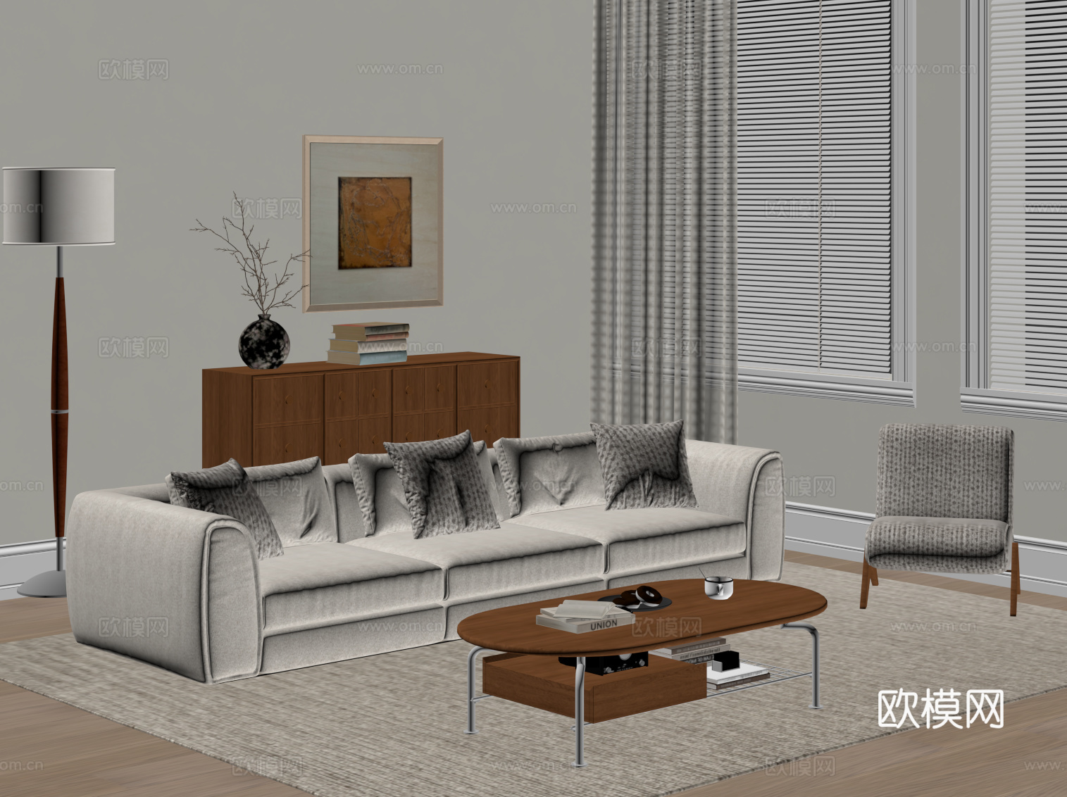 中古风沙发 茶几 休闲椅 落地灯su模型