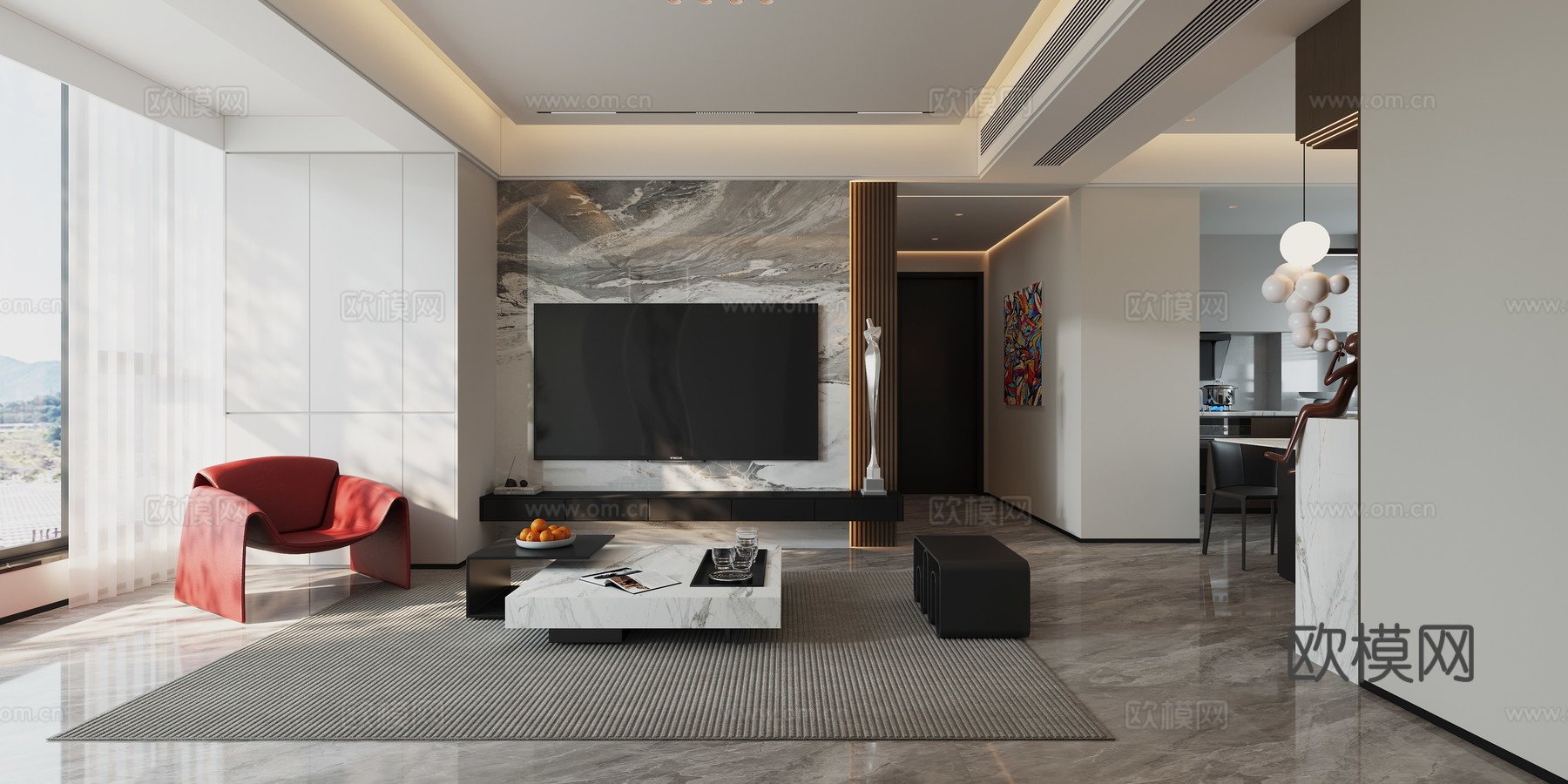 现代 意式 客餐厅3d模型下载（渲染图1）