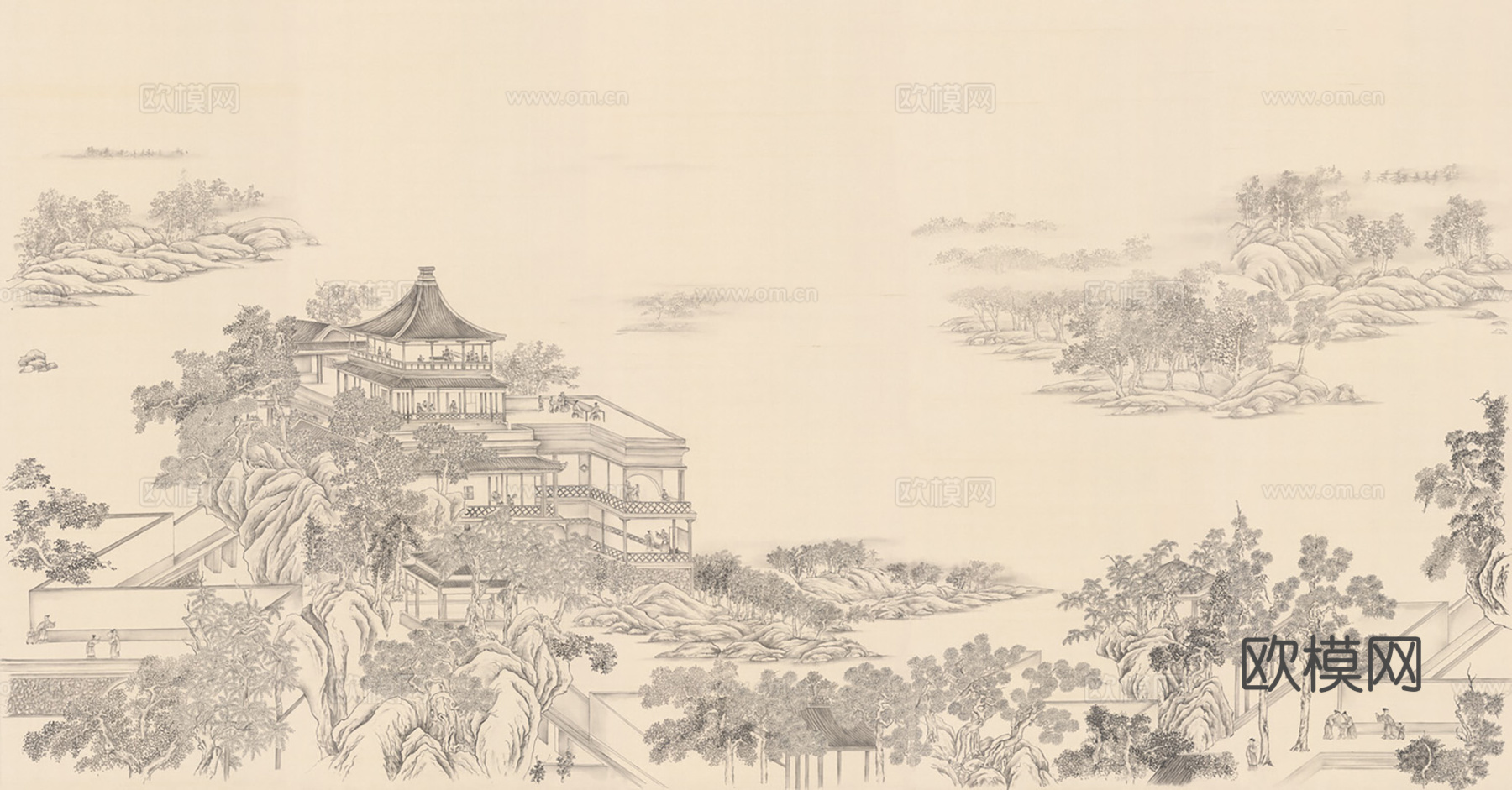 中式新中式山水楼阁意境壁纸壁画 装饰画