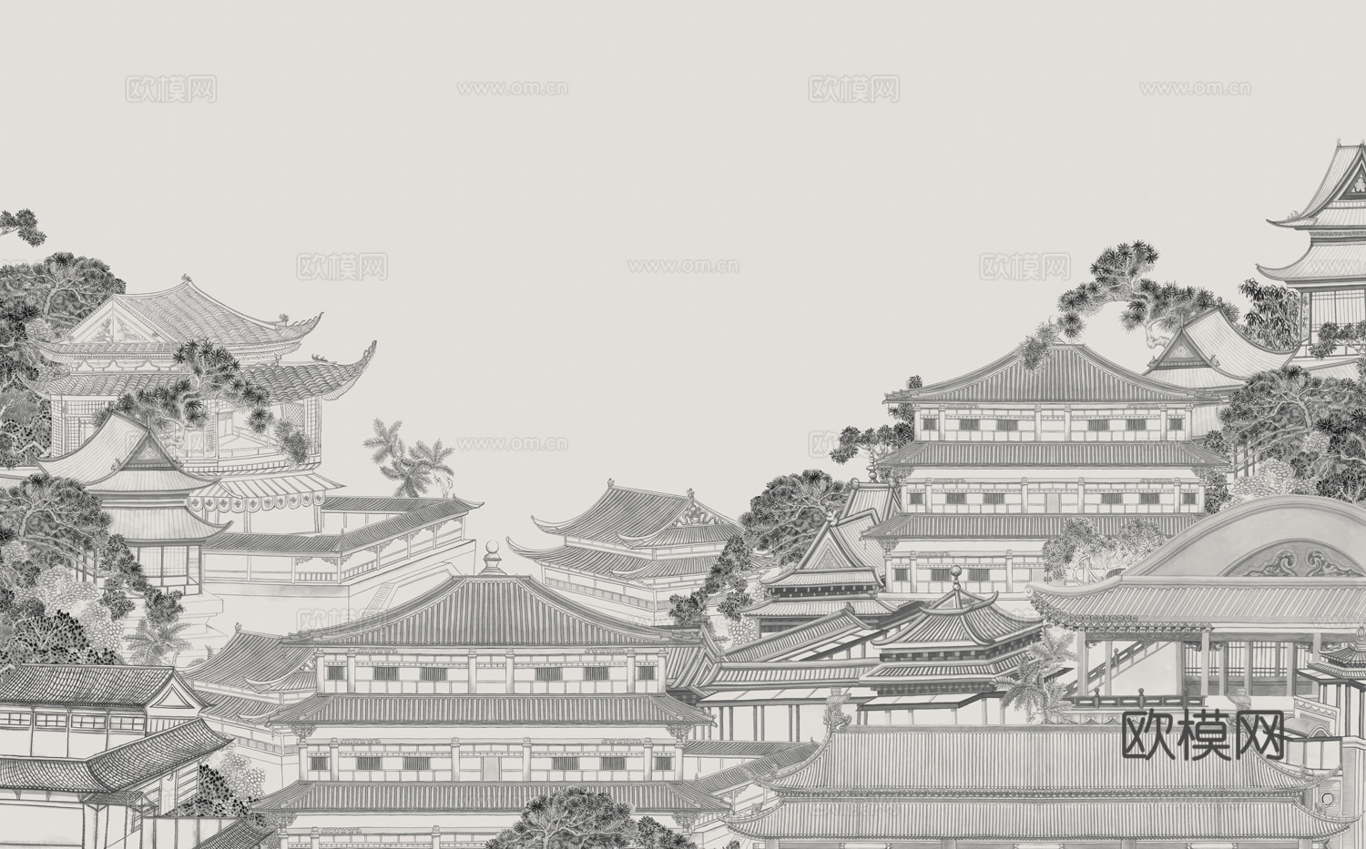 中式新中式山水楼阁意境壁纸壁画 装饰画