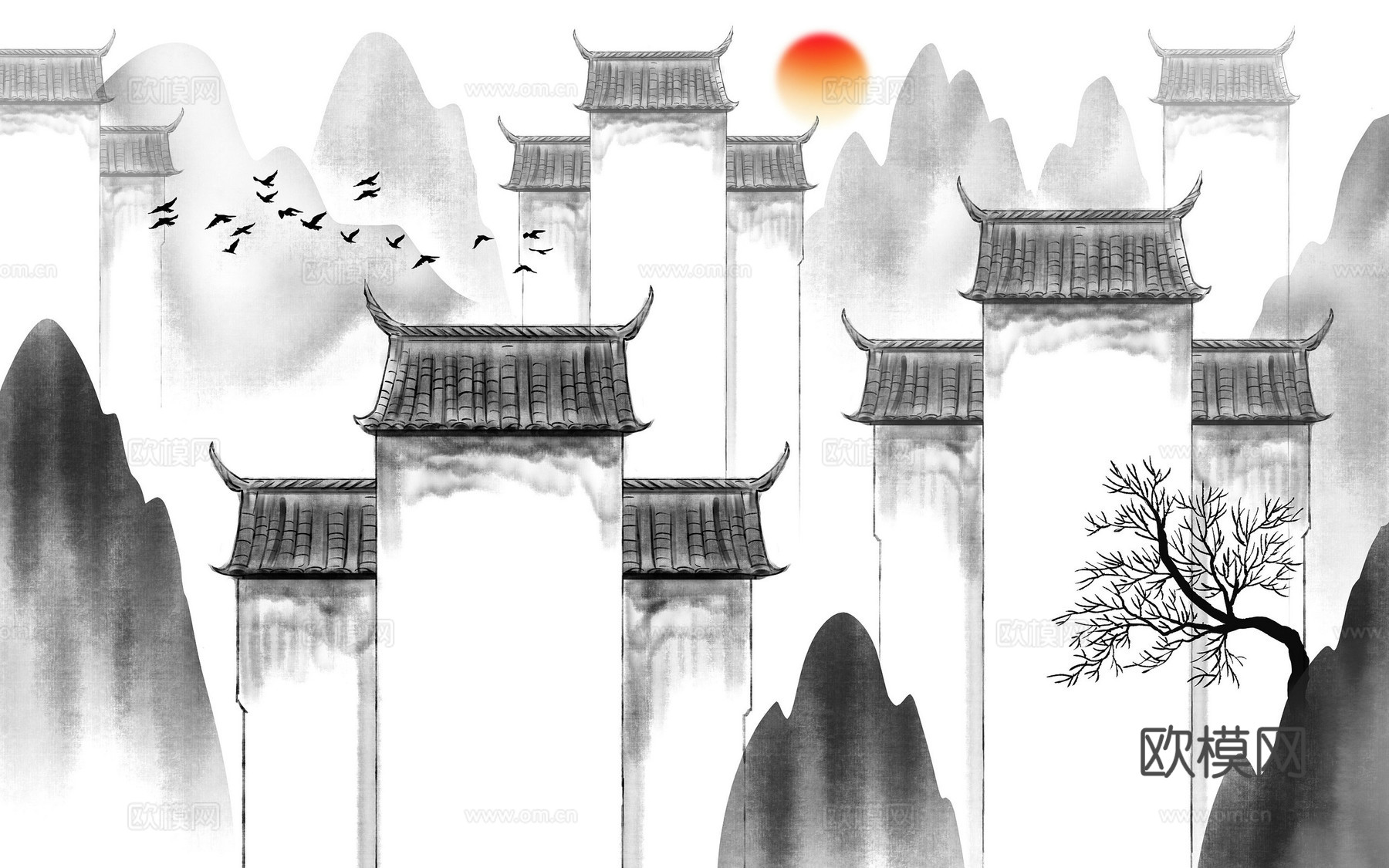 中式新中式山水意境壁纸壁画 山水硬包装饰画下载