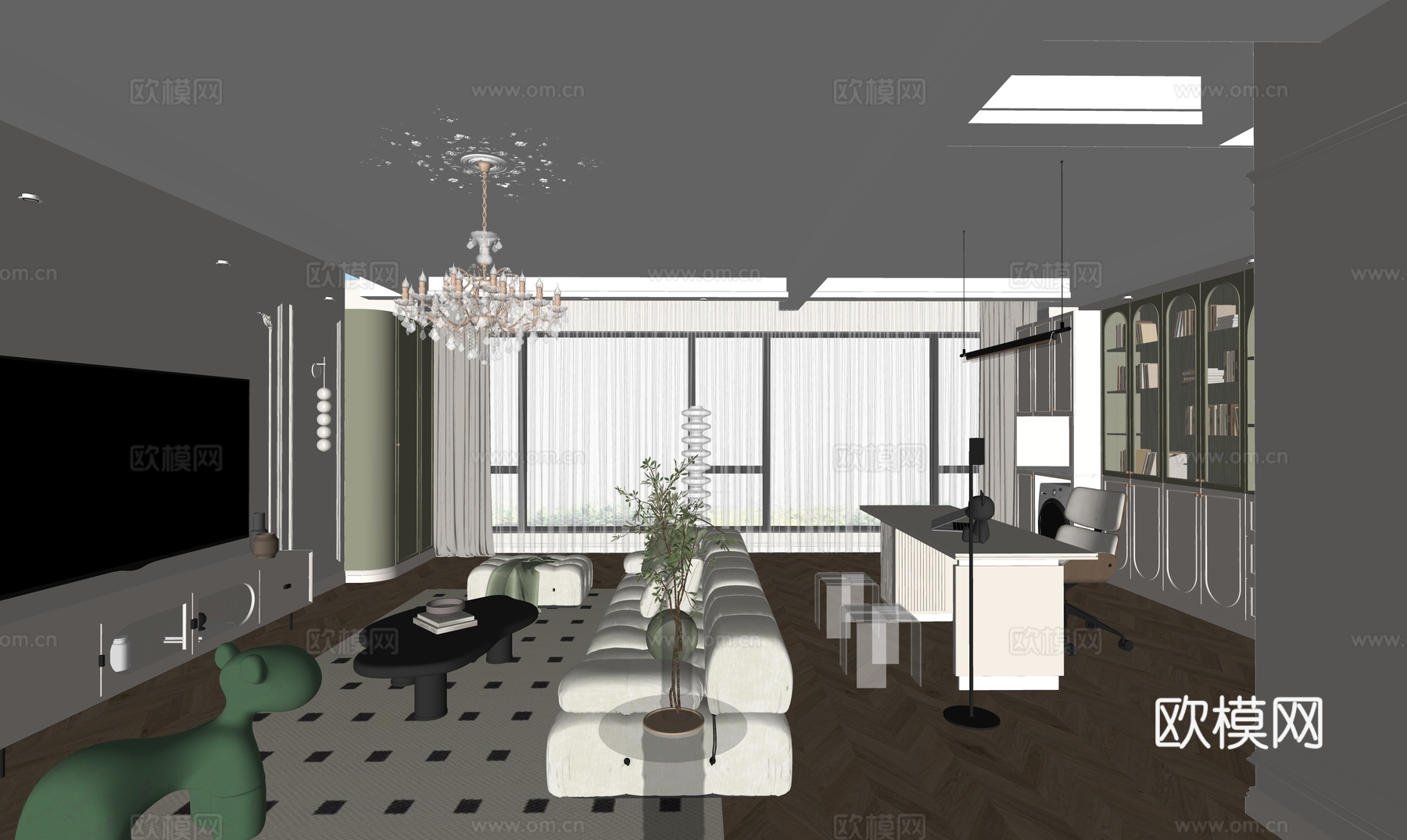 现代轻奢奶油客厅su模型