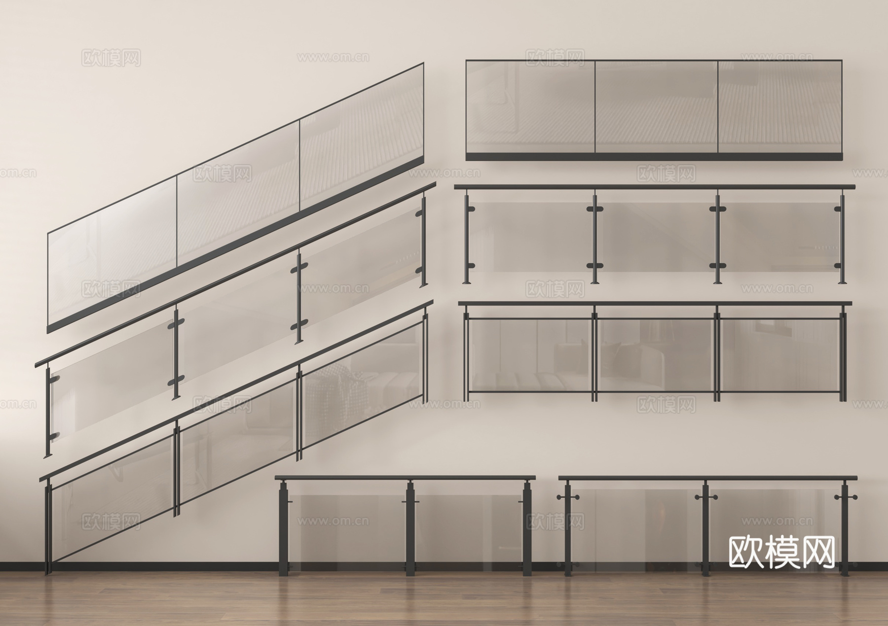 现代围栏护栏 玻璃围栏 栏杆 扶手 阳台护栏su模型