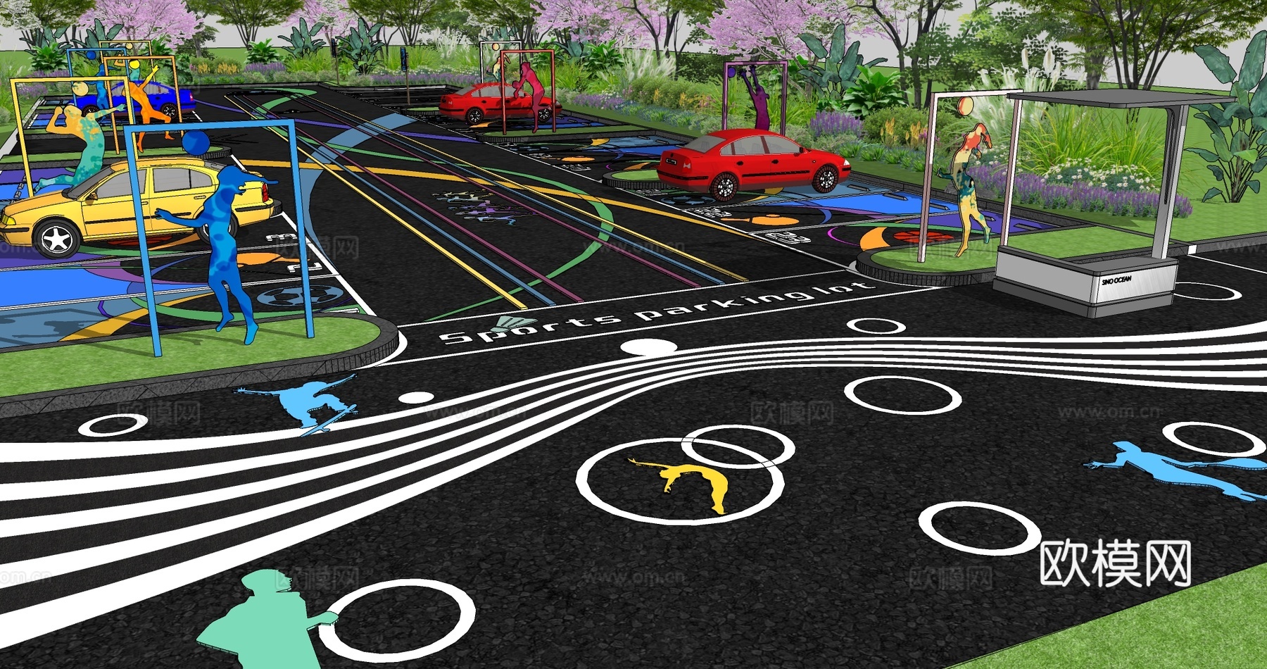 现代户外生态停车场体育运动公园停车场运动创意趣味停车位su模型