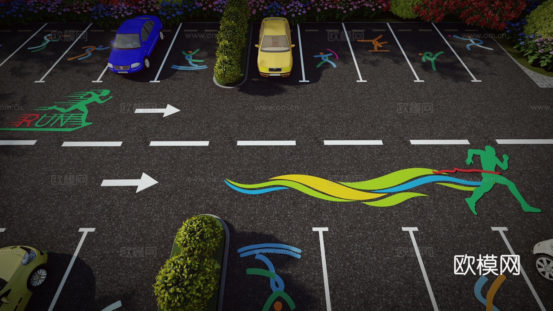 现代户外生态停车场体育运动公园停车场运动创意趣味停车位su模型