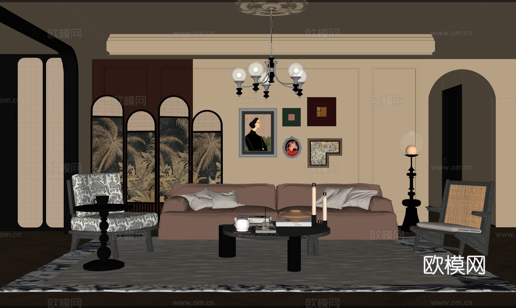 复古美式客厅su模型
