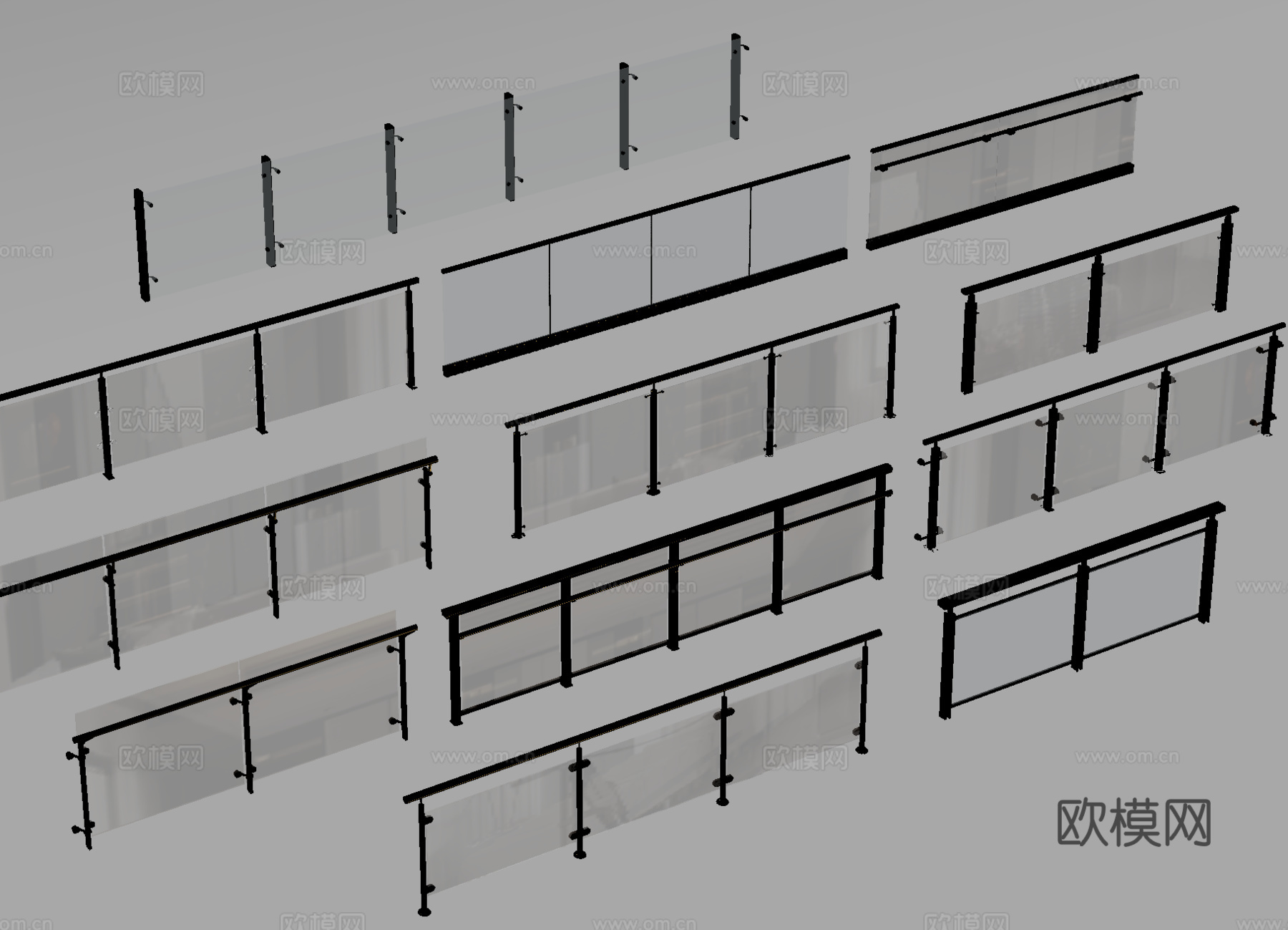 现代玻璃栏杆 围栏 护栏 阳台围栏 扶手su模型