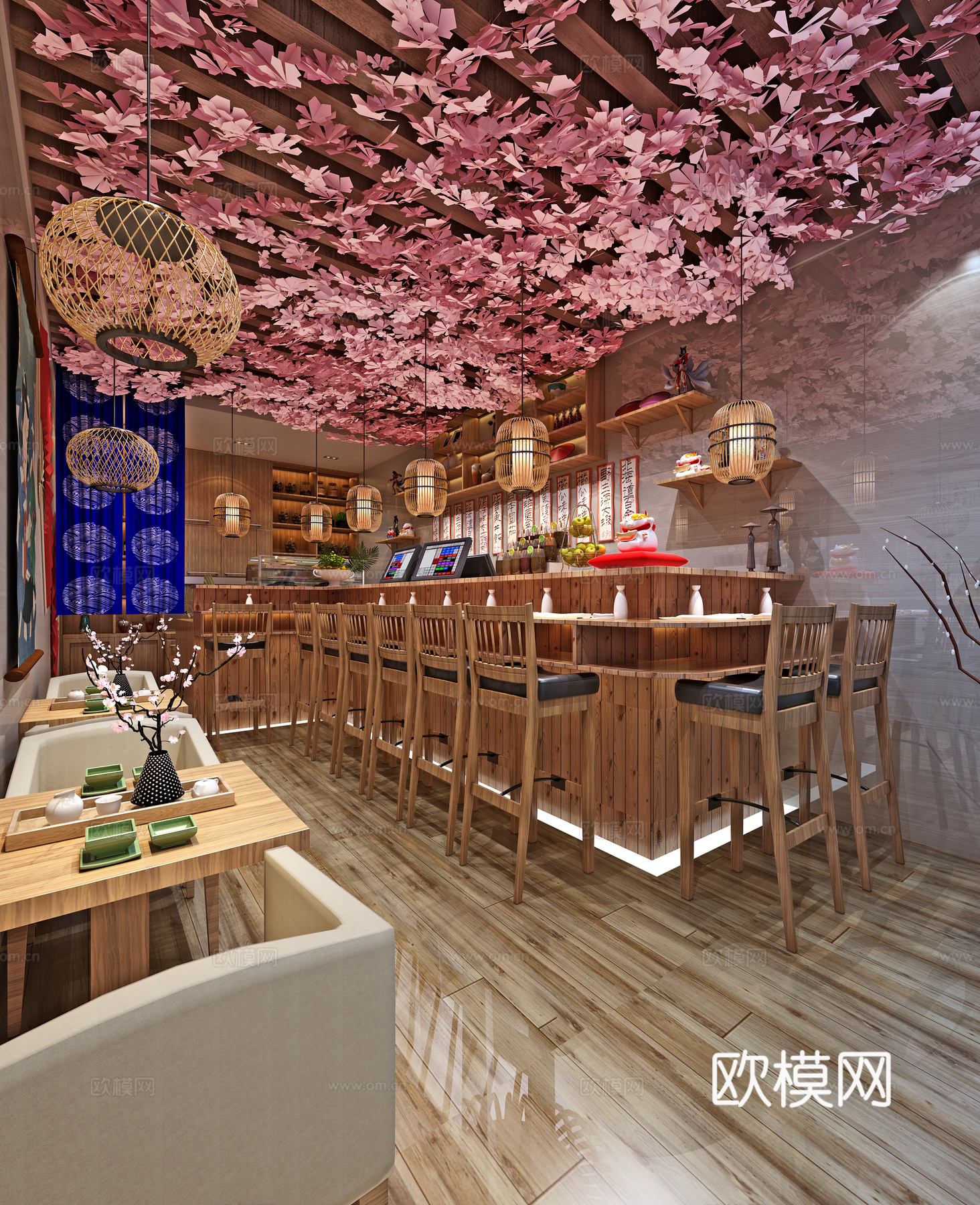 日式 日料店 餐馆 樱花 日式料理 吧台餐桌3d模型下载（渲染图3）