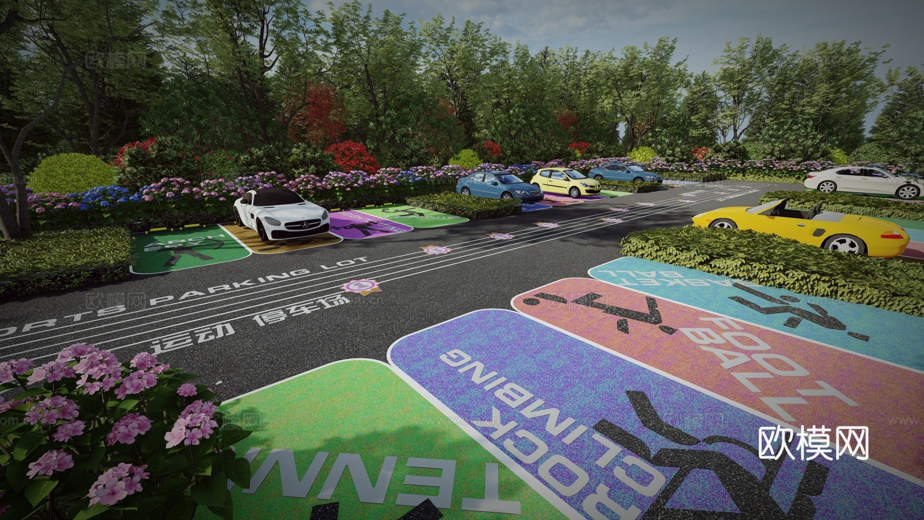 现代户外生态停车场体育运动公园停车场运动创意趣味停车位su模型