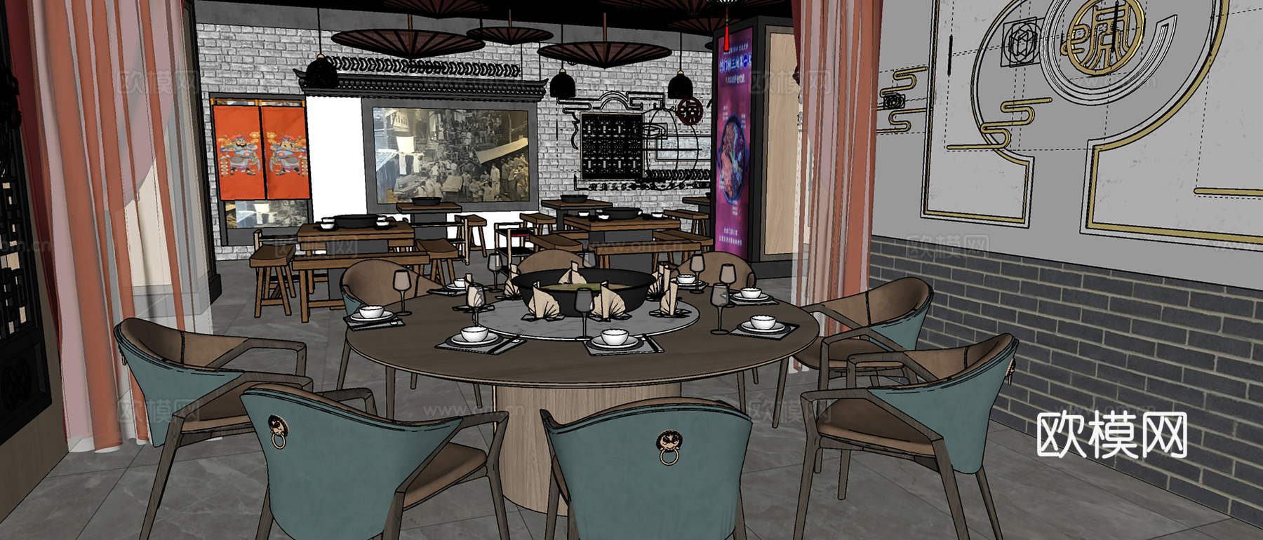 新中式重庆火锅店su模型