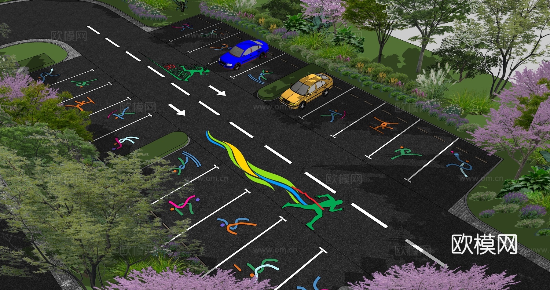 现代户外生态停车场体育运动公园停车场运动创意趣味停车位su模型