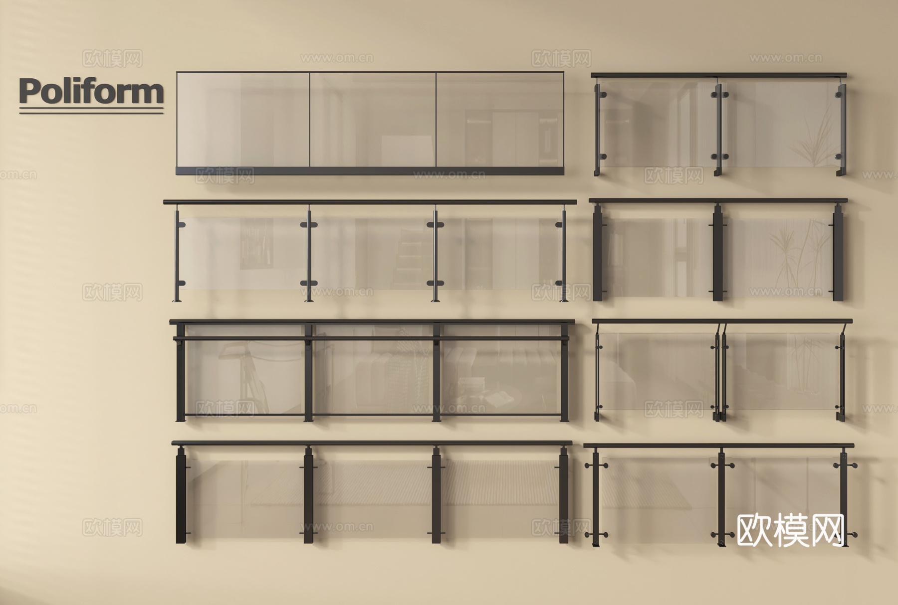 现代玻璃栏杆 玻璃护栏 玻璃围栏 阳台护栏su模型