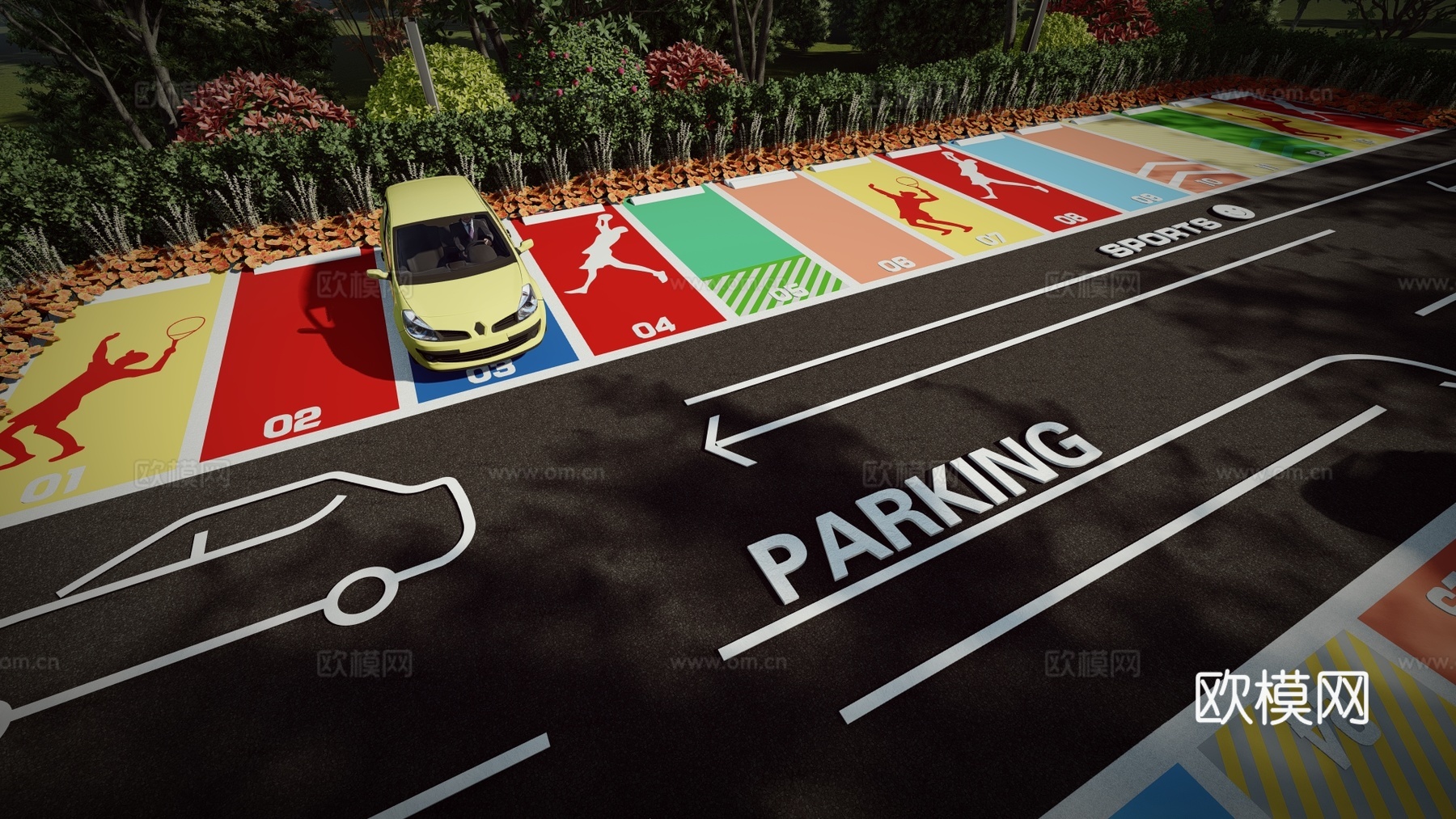 现代户外生态停车场体育运动公园停车场运动创意趣味停车位su模型