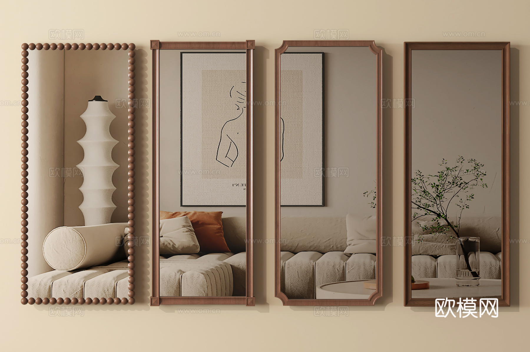 中古侘寂风镜子 化妆镜  装饰镜 落地镜su模型