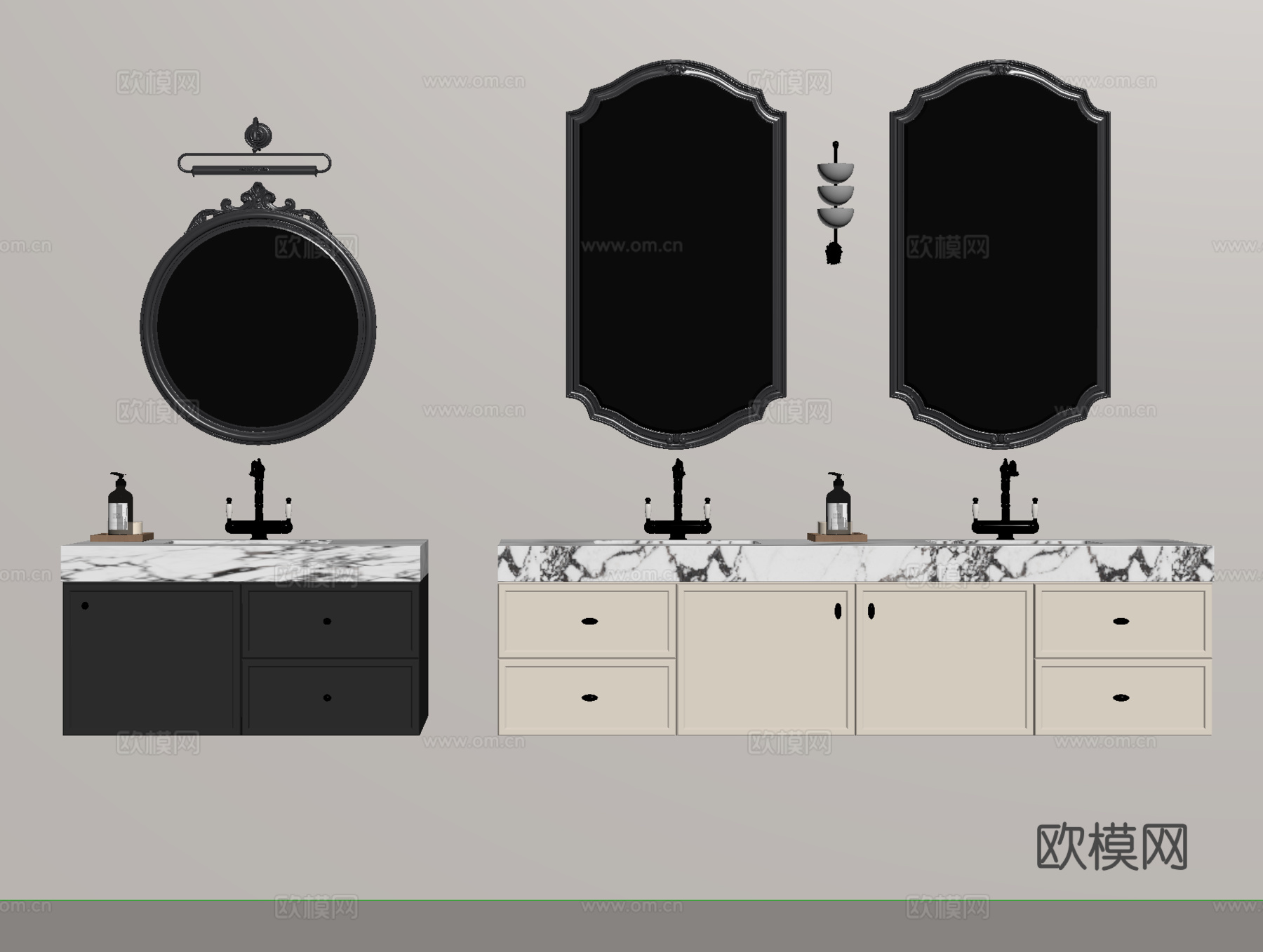 法式浴室柜 卫浴摆件 镜子su模型