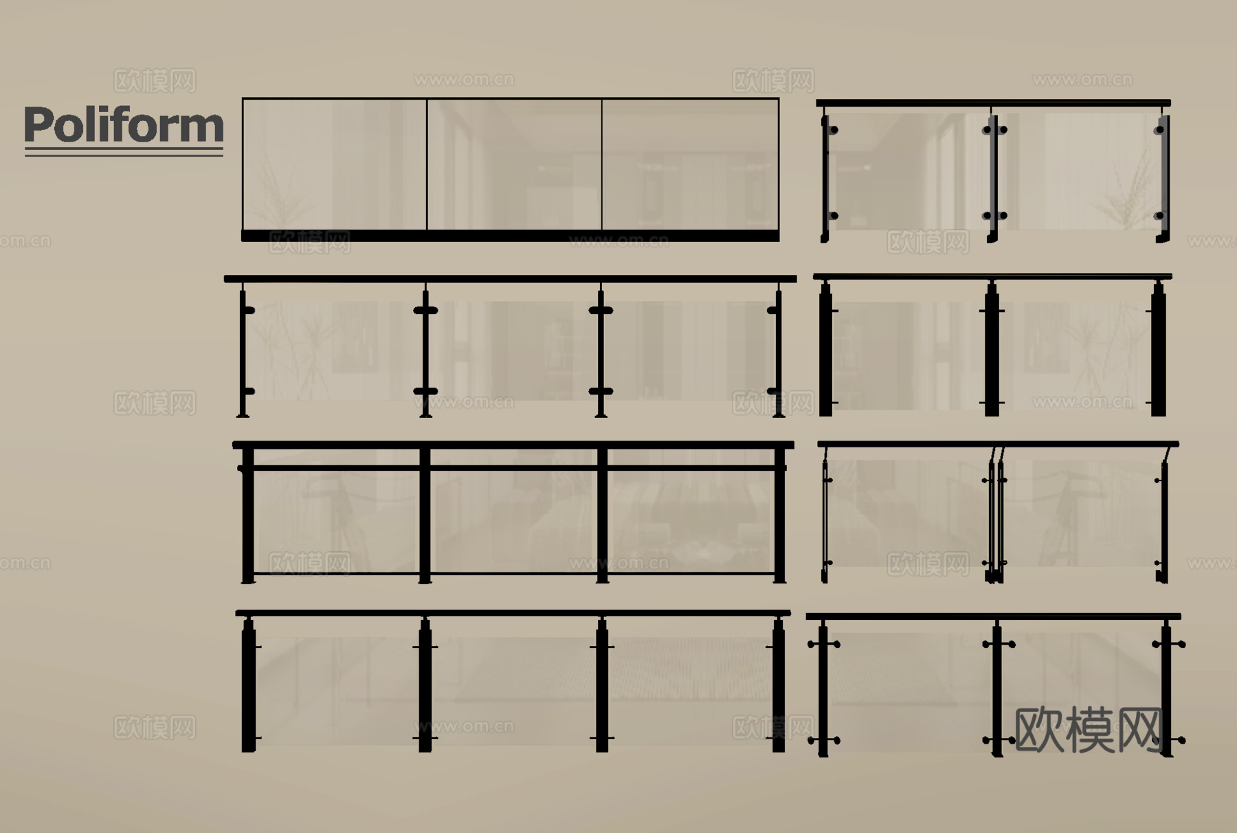 现代玻璃栏杆 玻璃护栏 玻璃围栏 阳台护栏su模型