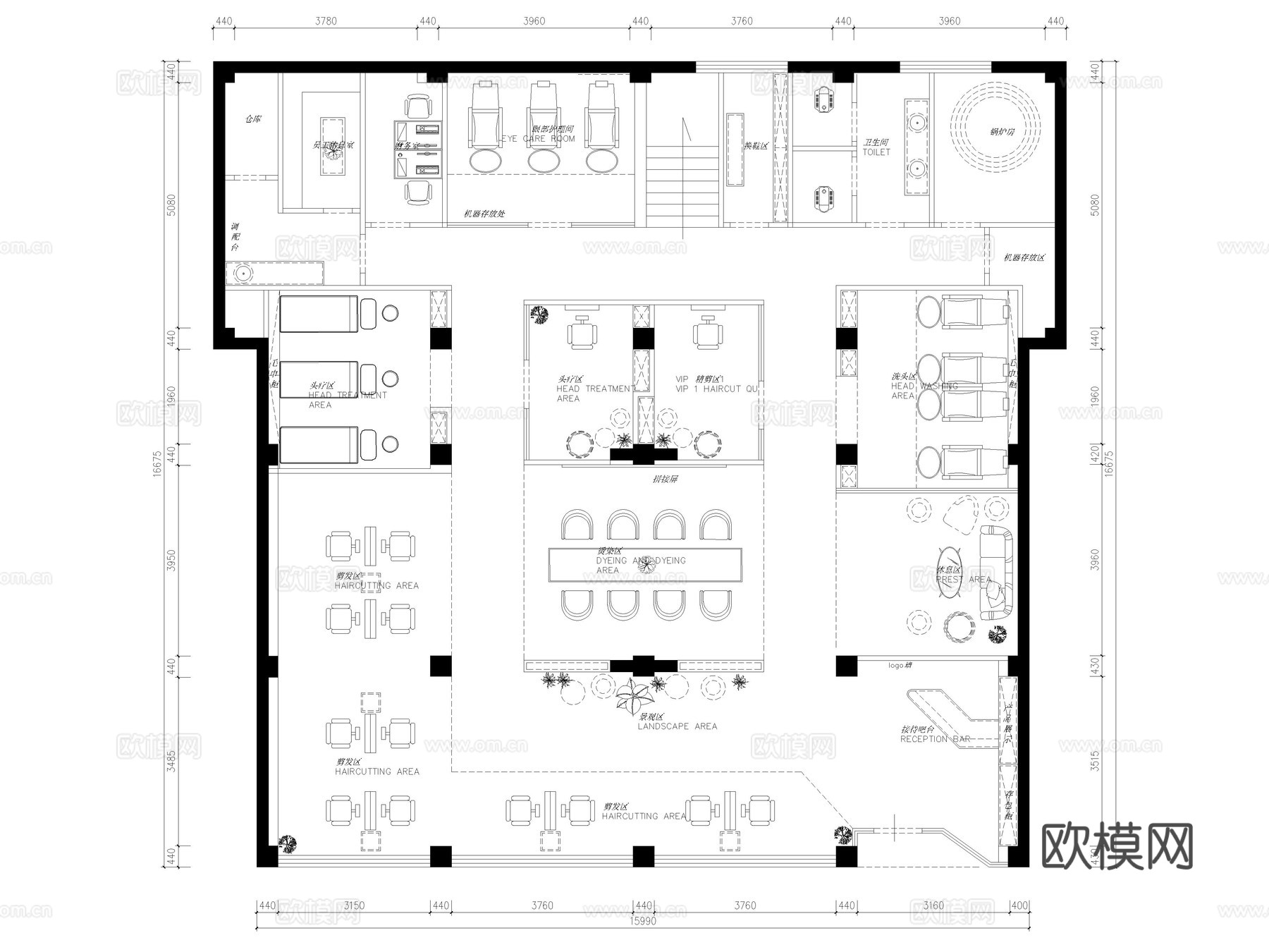 8套理发店美容美发店发廊CAD施工图附效果图cad施工图